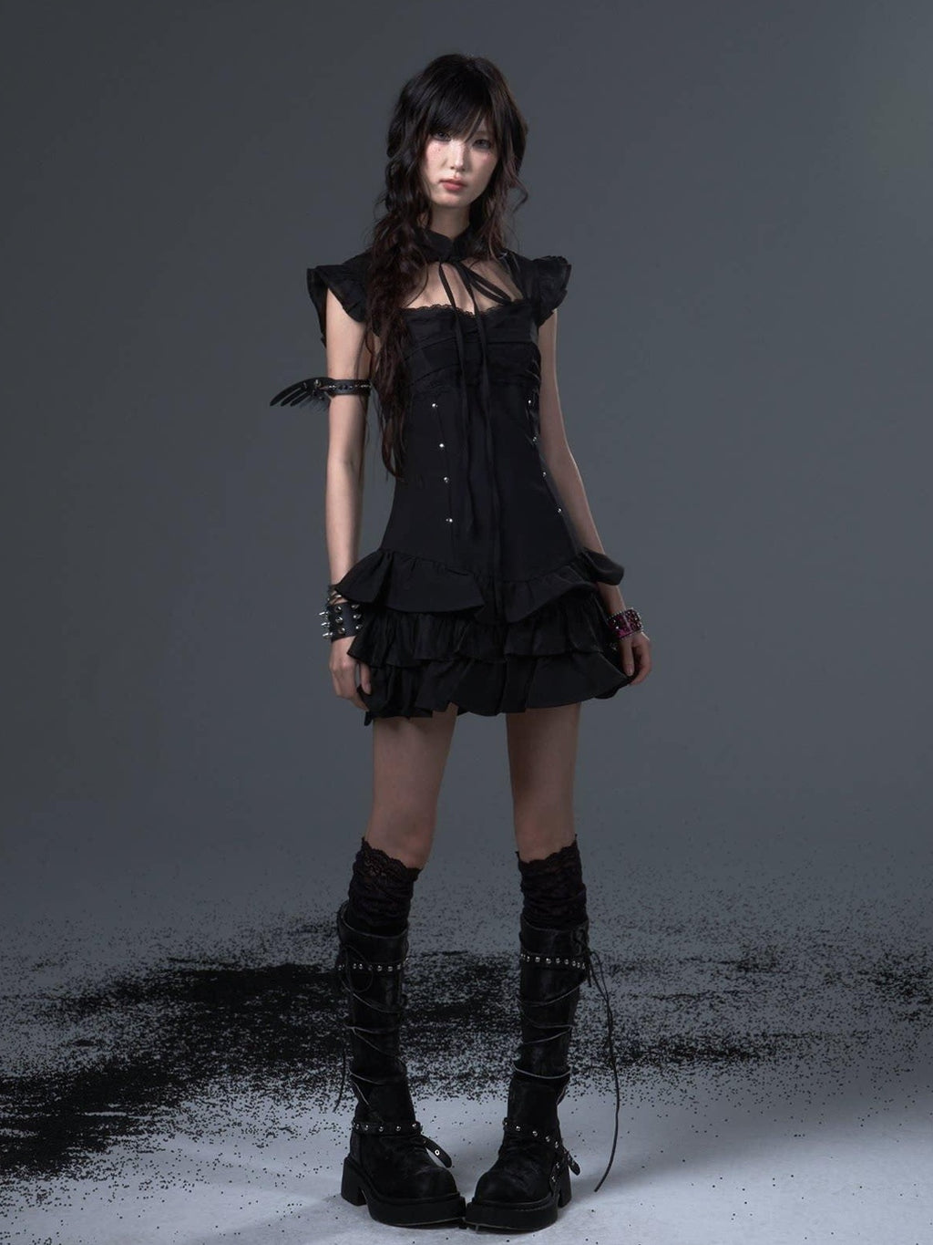 Frustration Garden Dark Gothic Tie Waist Flutter Sleeves Black Tiered Skirt Casual Mini Dresses