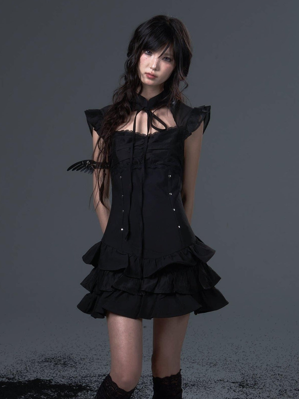 Frustration Garden Dark Gothic Tie Waist Flutter Sleeves Black Tiered Skirt Casual Mini Dresses