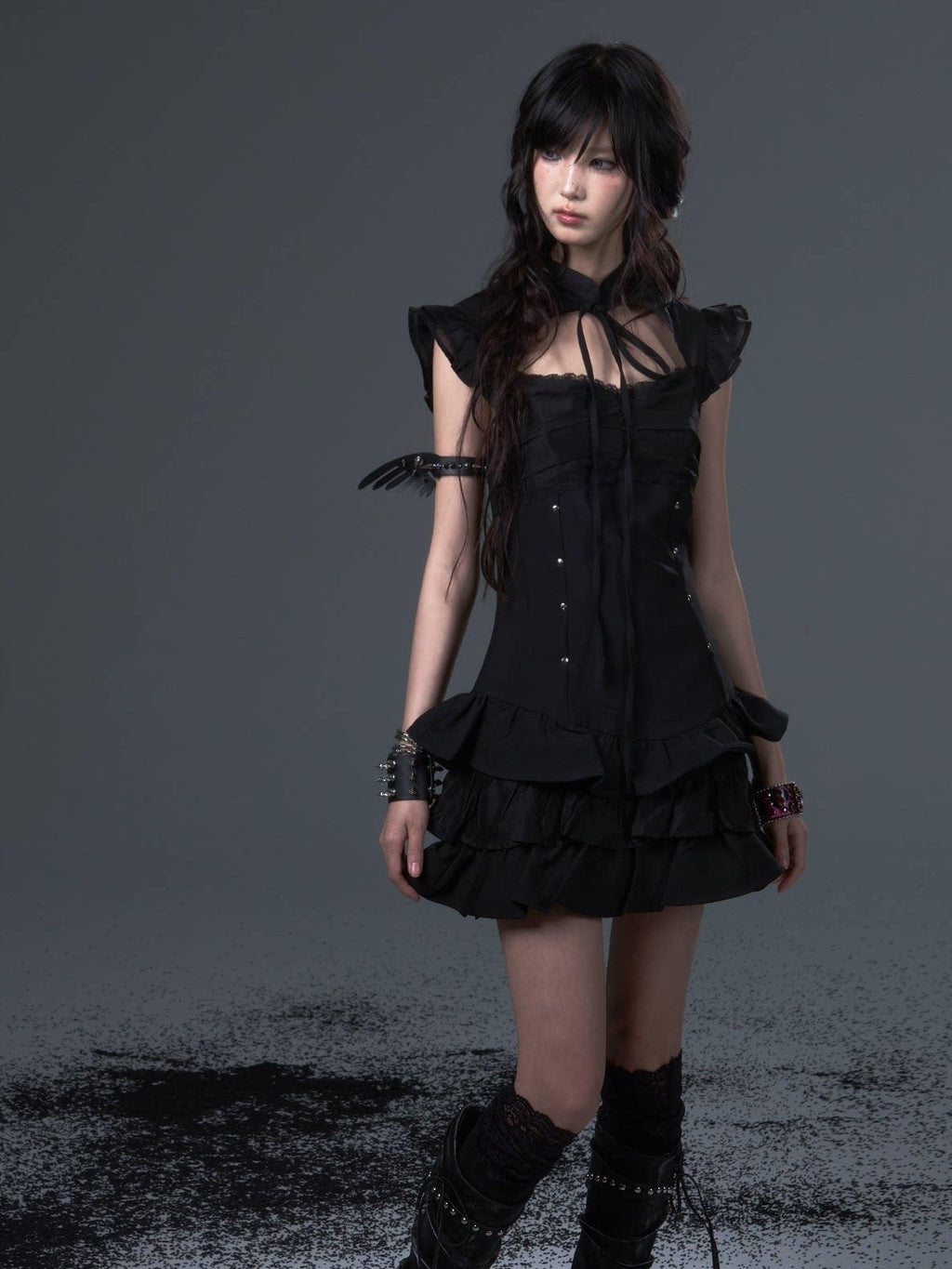 Frustration Garden Dark Gothic Tie Waist Flutter Sleeves Black Tiered Skirt Casual Mini Dresses