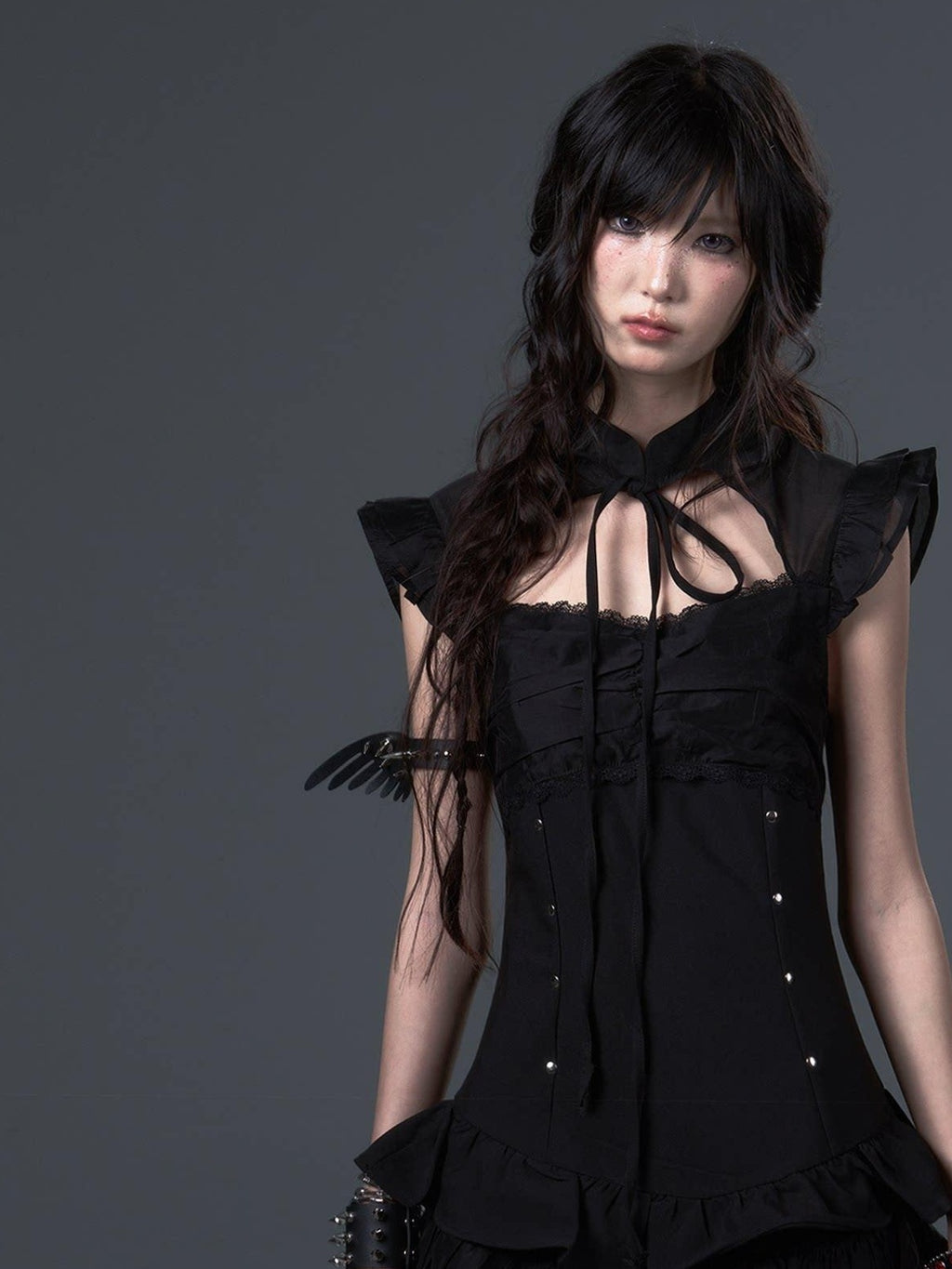 Frustration Garden Dark Gothic Tie Waist Flutter Sleeves Black Tiered Skirt Casual Mini Dresses