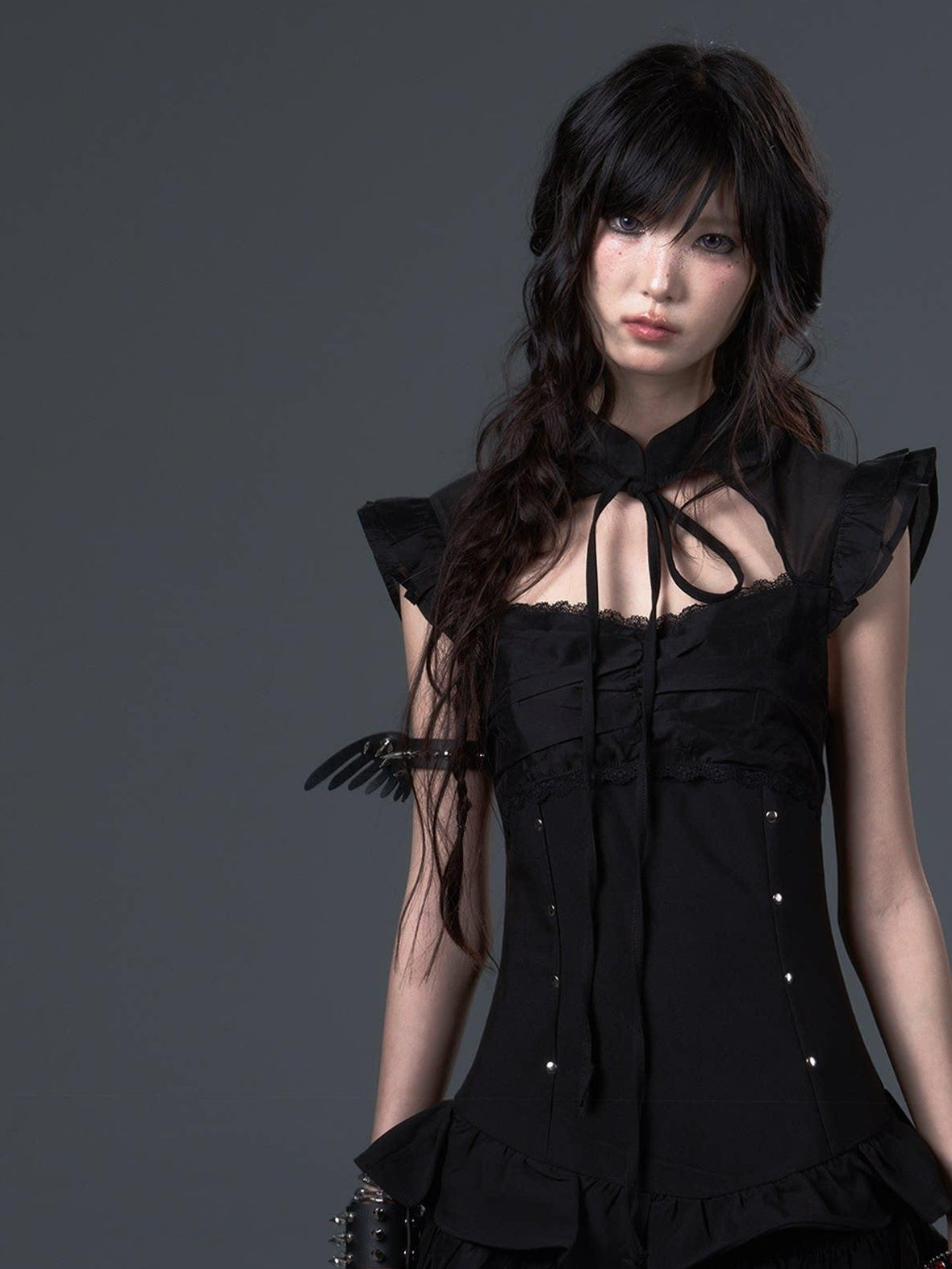 Frustration Garden Dark Gothic Tie Waist Flutter Sleeves Black Tiered Skirt Casual Mini Dresses