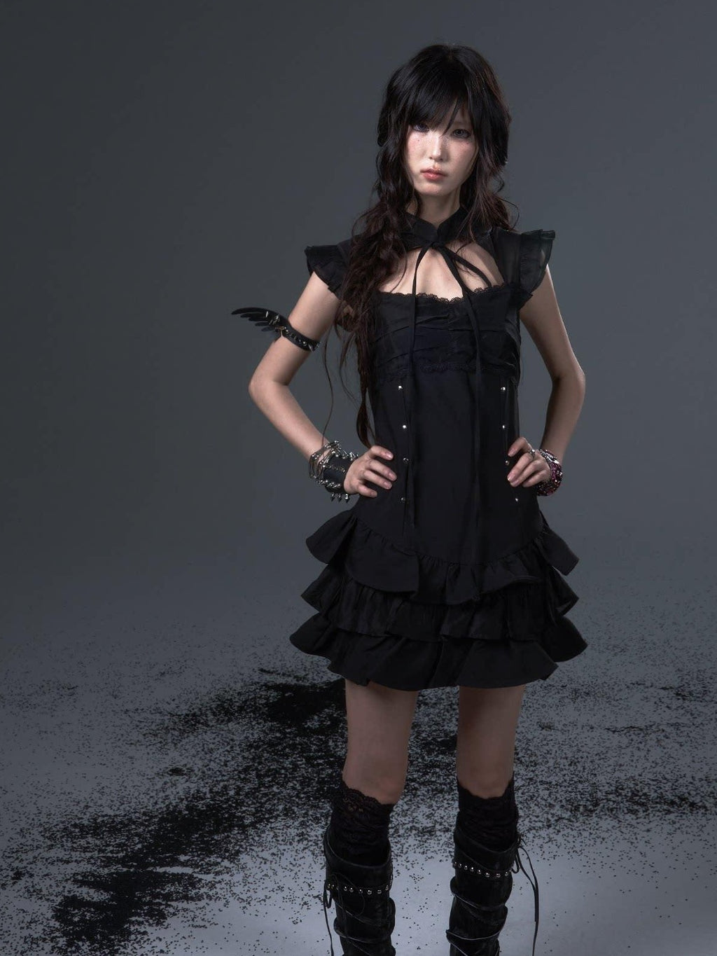 Frustration Garden Dark Gothic Tie Waist Flutter Sleeves Black Tiered Skirt Casual Mini Dresses