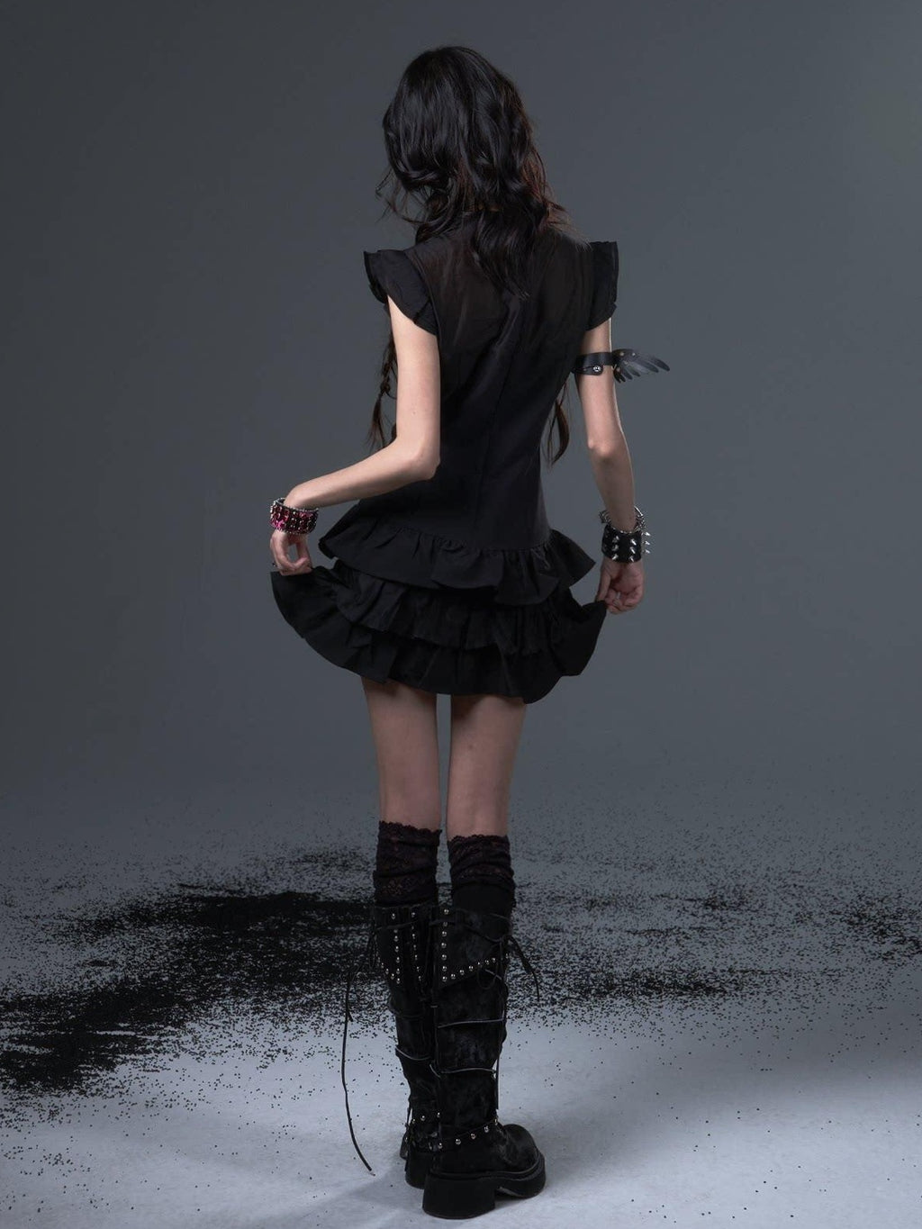 Frustration Garden Dark Gothic Tie Waist Flutter Sleeves Black Tiered Skirt Casual Mini Dresses