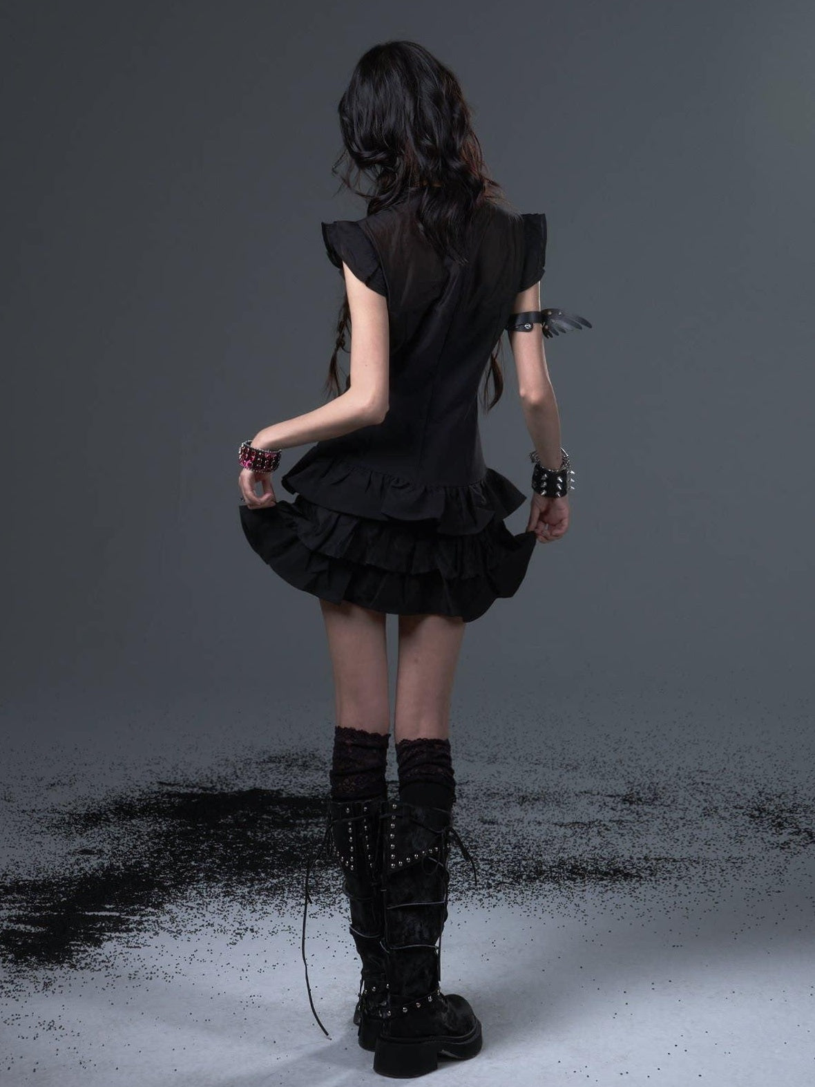 Frustration Garden Dark Gothic Tie Waist Flutter Sleeves Black Tiered Skirt Casual Mini Dresses