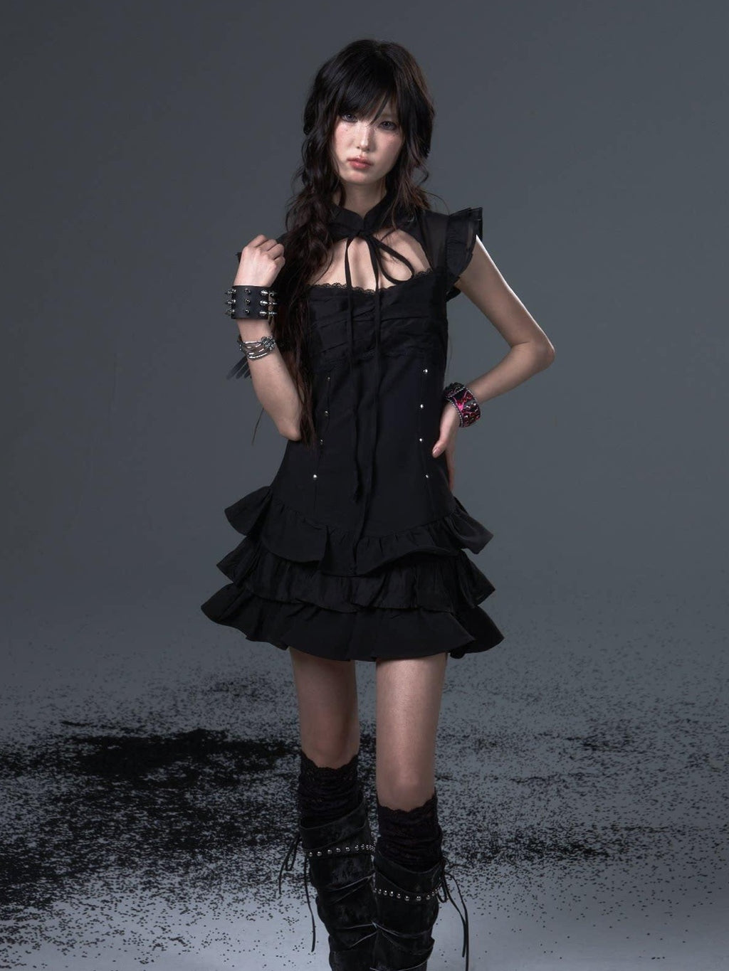 Frustration Garden Dark Gothic Tie Waist Flutter Sleeves Black Tiered Skirt Casual Mini Dresses