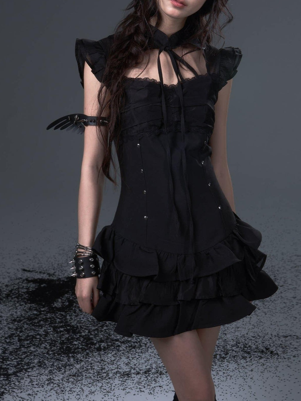 Frustration Garden Dark Gothic Tie Waist Flutter Sleeves Black Tiered Skirt Casual Mini Dresses