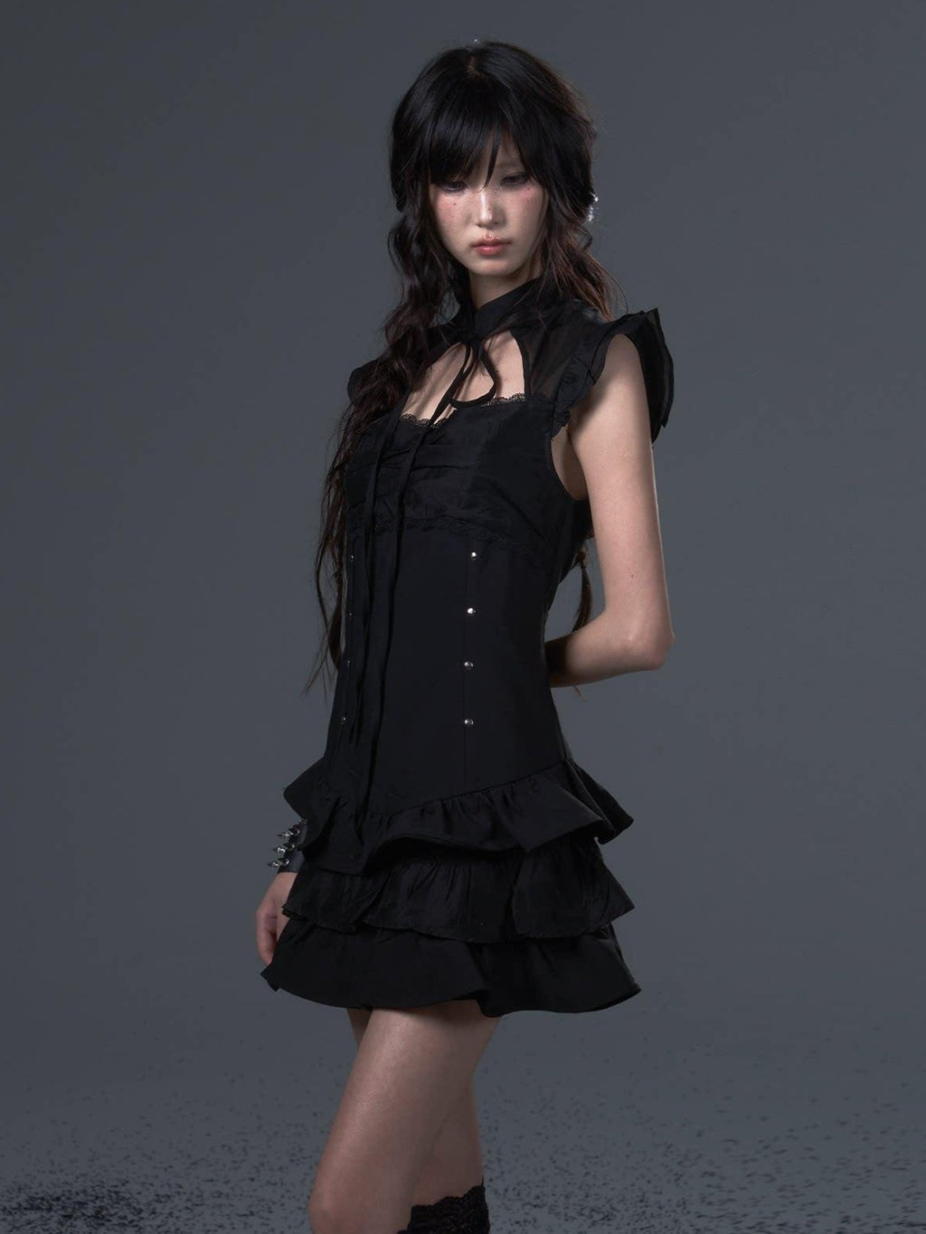 Frustration Garden Dark Gothic Tie Waist Flutter Sleeves Black Tiered Skirt Casual Mini Dresses