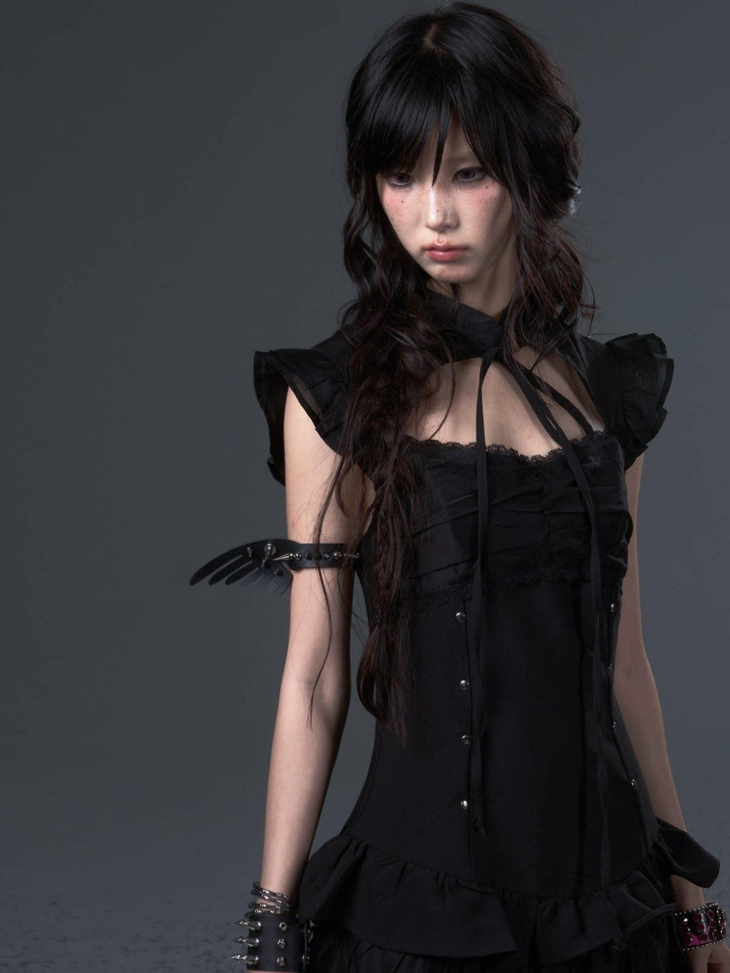Frustration Garden Dark Gothic Tie Waist Flutter Sleeves Black Tiered Skirt Casual Mini Dresses