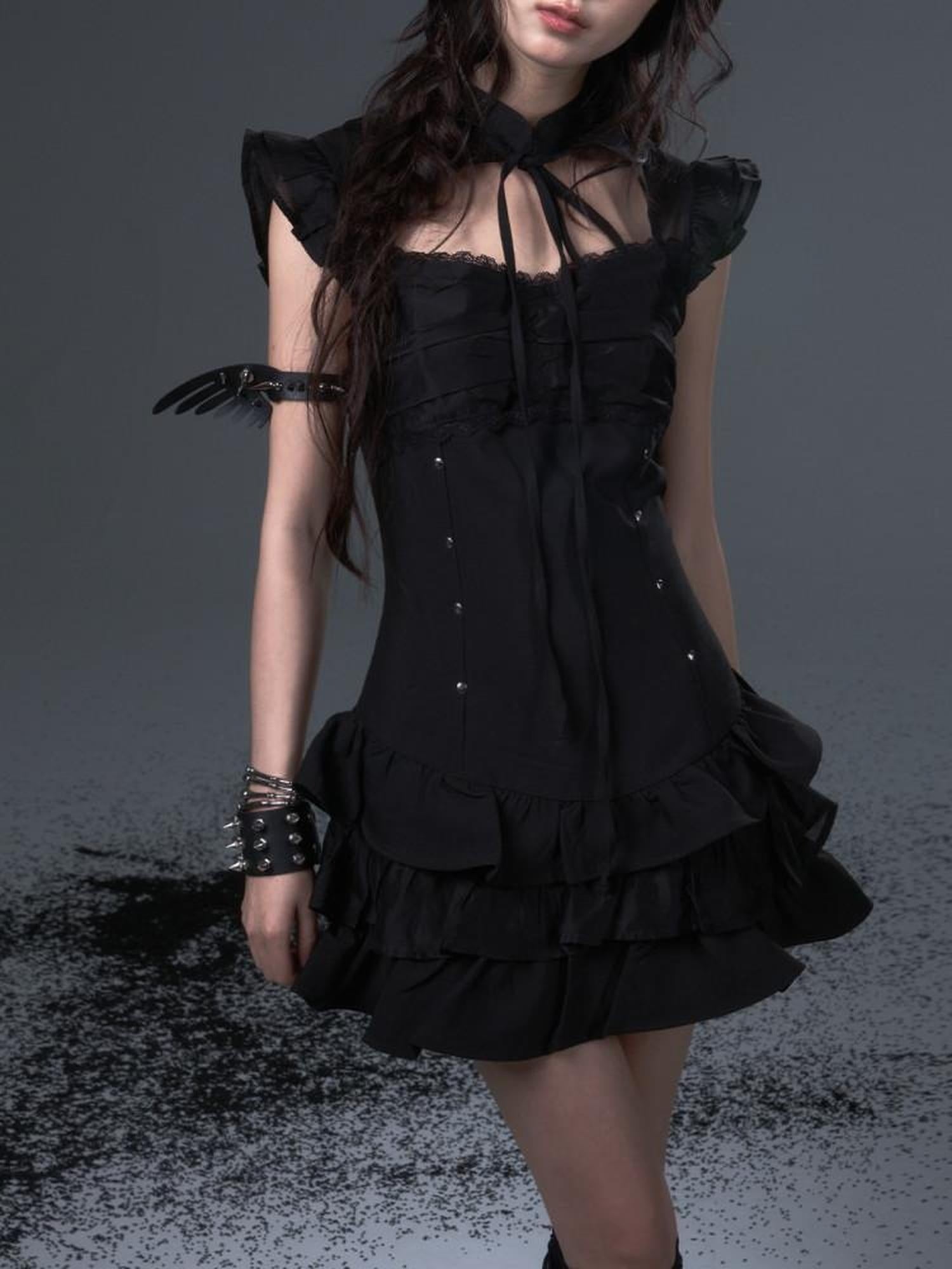 Frustration Garden Dark Gothic Tie Waist Flutter Sleeves Black Tiered Skirt Casual Mini Dresses