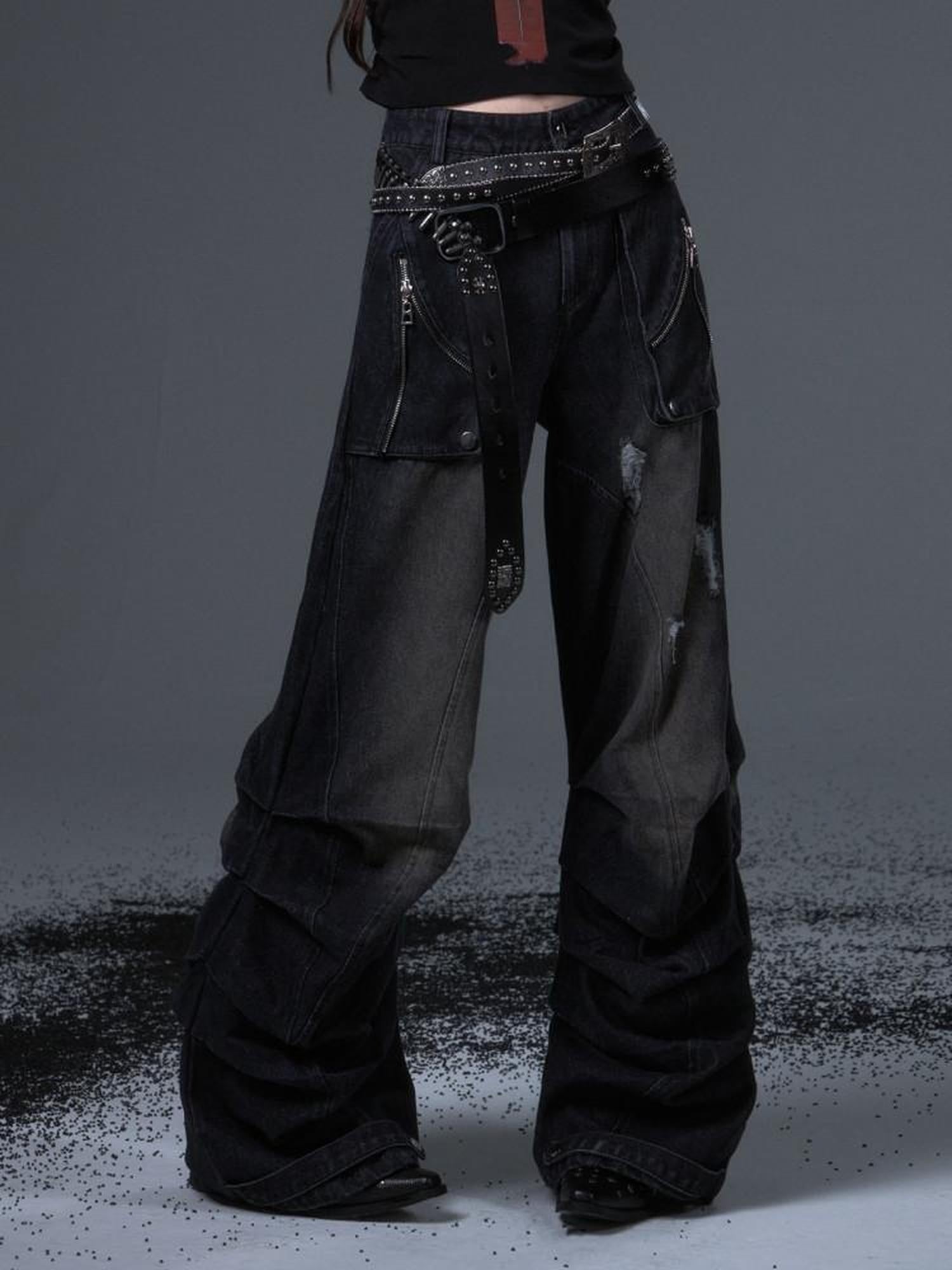 Frustration Garden Distressed Casual Washed Dark Natural Waist Loose Fit Youth Denim Wide-Leg Jeans