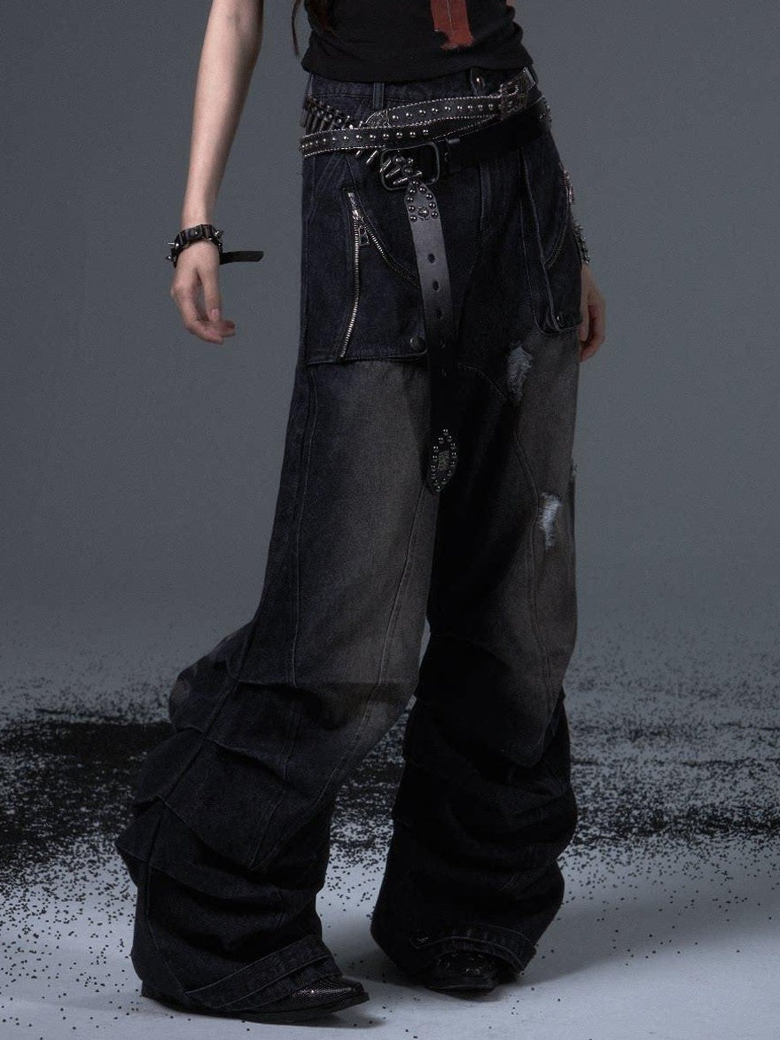 Frustration Garden Distressed Casual Washed Dark Natural Waist Loose Fit Youth Denim Wide-Leg Jeans