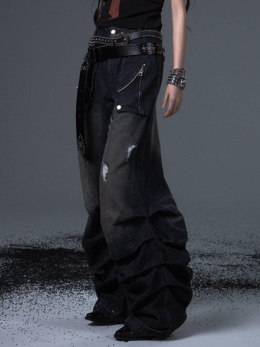 Frustration Garden Distressed Casual Washed Dark Natural Waist Loose Fit Youth Denim Wide-Leg Jeans