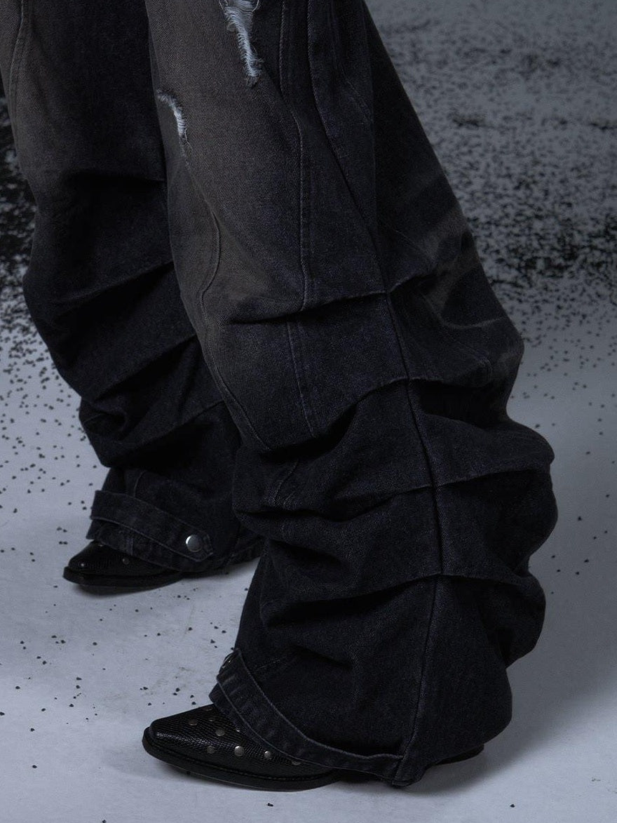 Frustration Garden Distressed Casual Washed Dark Natural Waist Loose Fit Youth Denim Wide-Leg Jeans