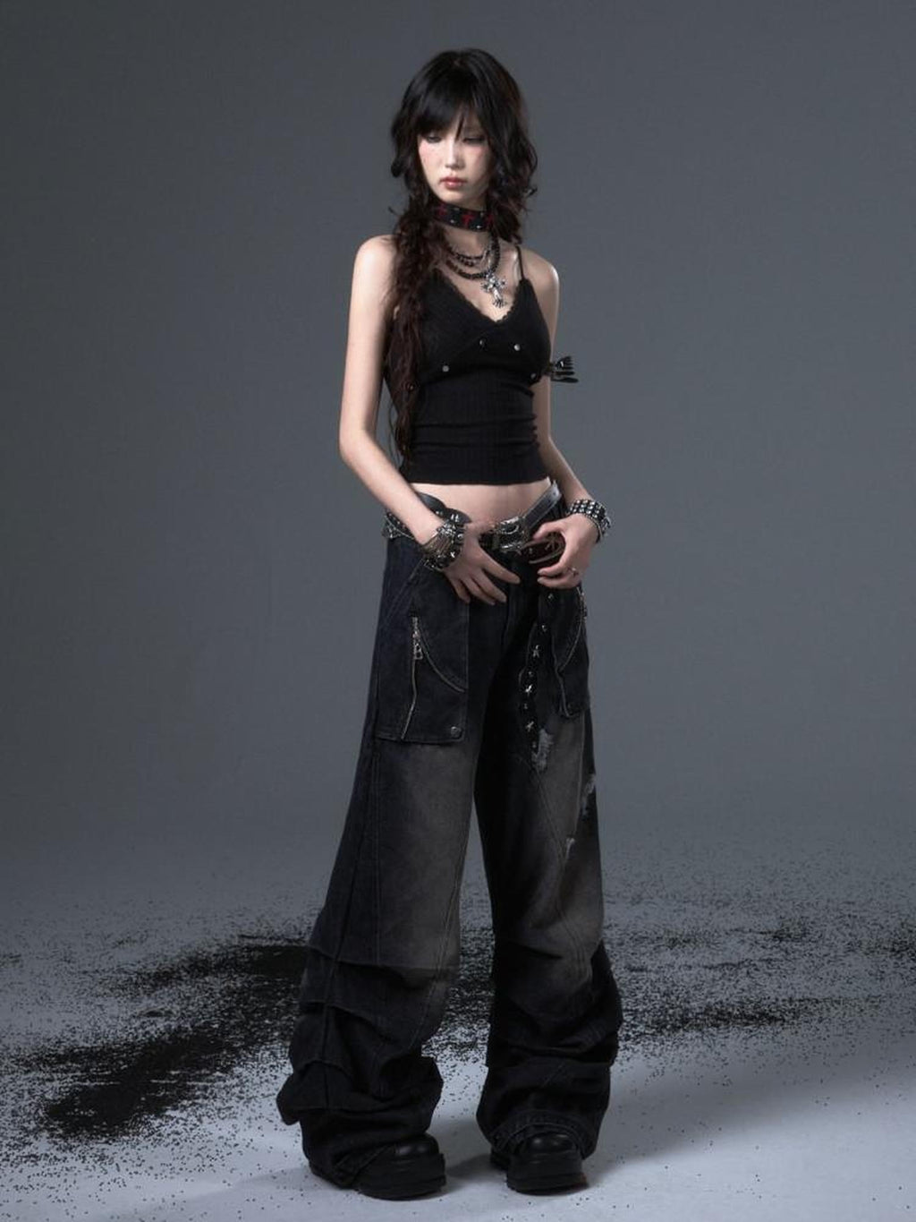 Frustration Garden Distressed Casual Washed Dark Natural Waist Loose Fit Youth Denim Wide-Leg Jeans