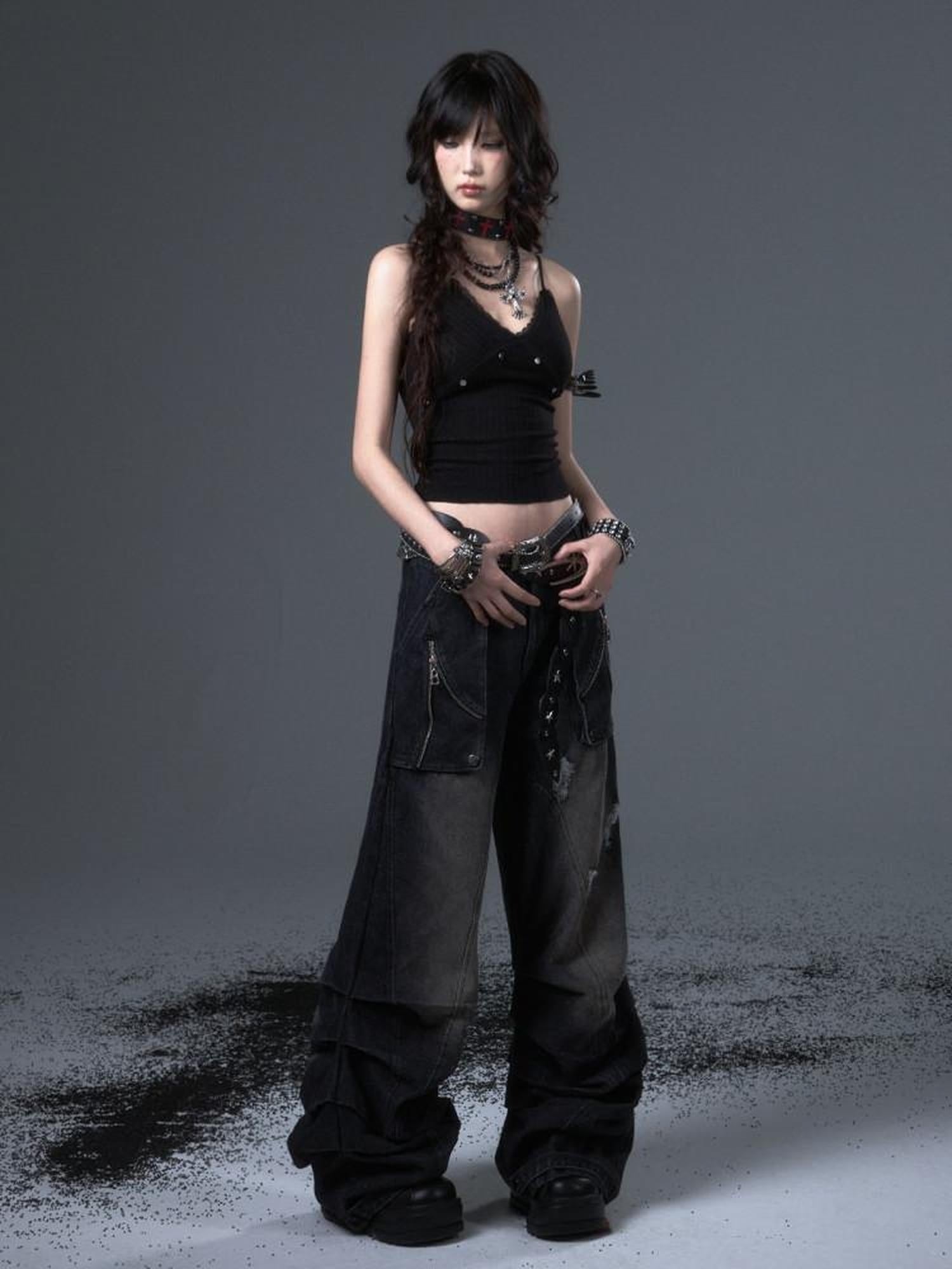 Frustration Garden Distressed Casual Washed Dark Natural Waist Loose Fit Youth Denim Wide-Leg Jeans