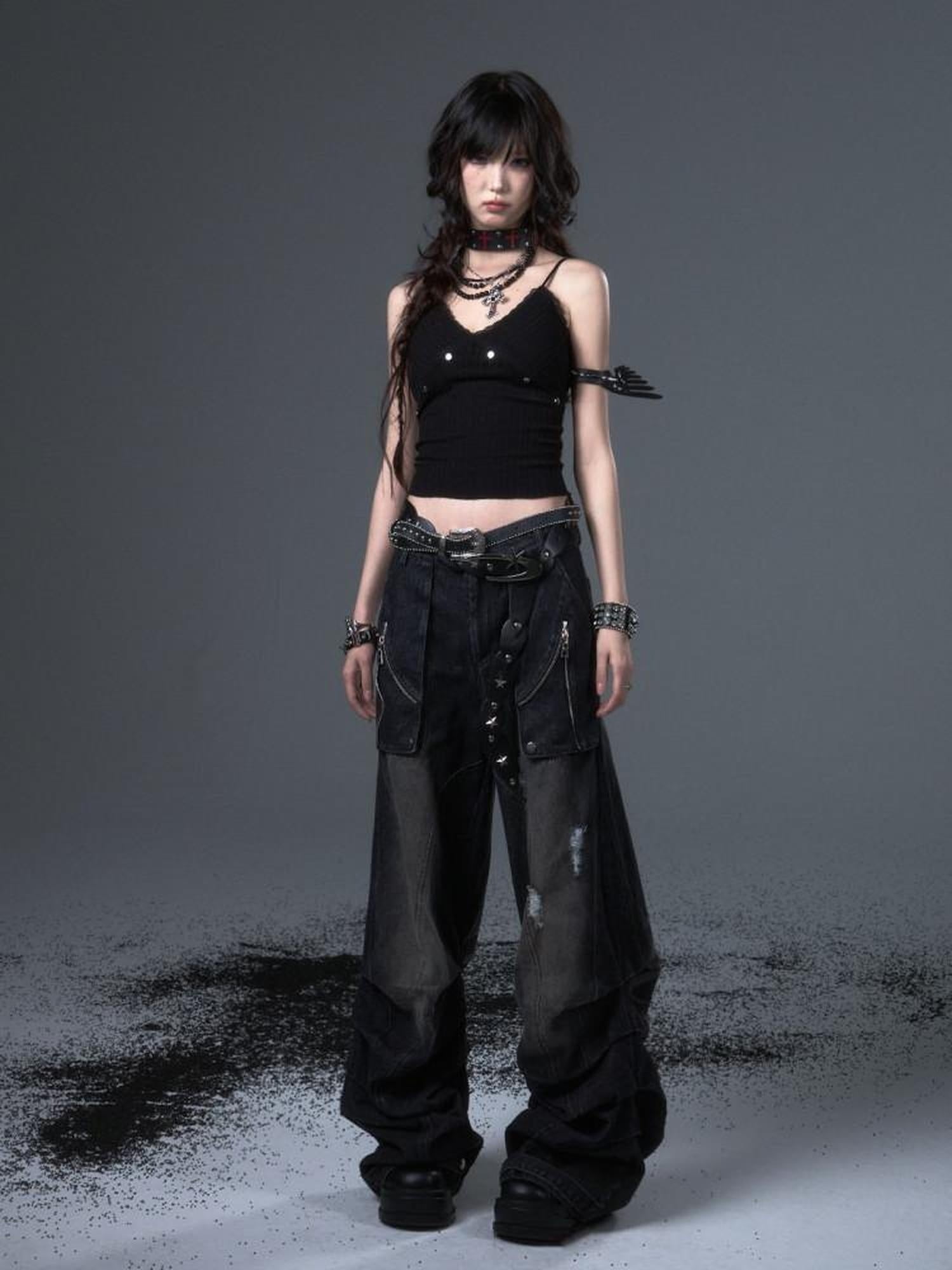 Frustration Garden Distressed Casual Washed Dark Natural Waist Loose Fit Youth Denim Wide-Leg Jeans