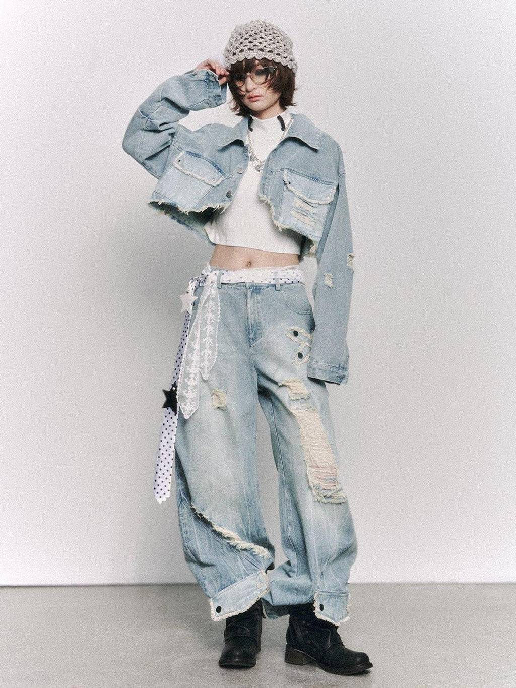 Frustration Garden Distressed Loose Cropped Streetwear Light Blue Women Button Pocket Denim Jackets
