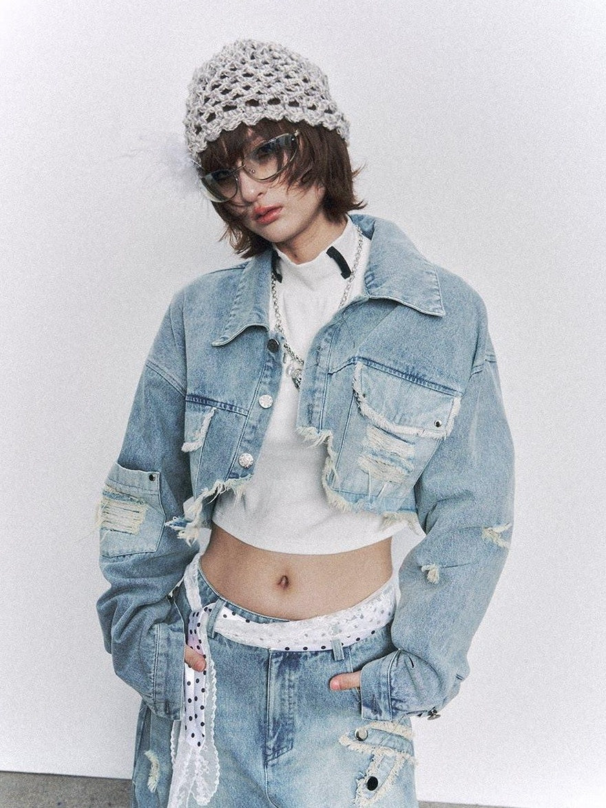 Frustration Garden Distressed Loose Cropped Streetwear Light Blue Women Button Pocket Denim Jackets