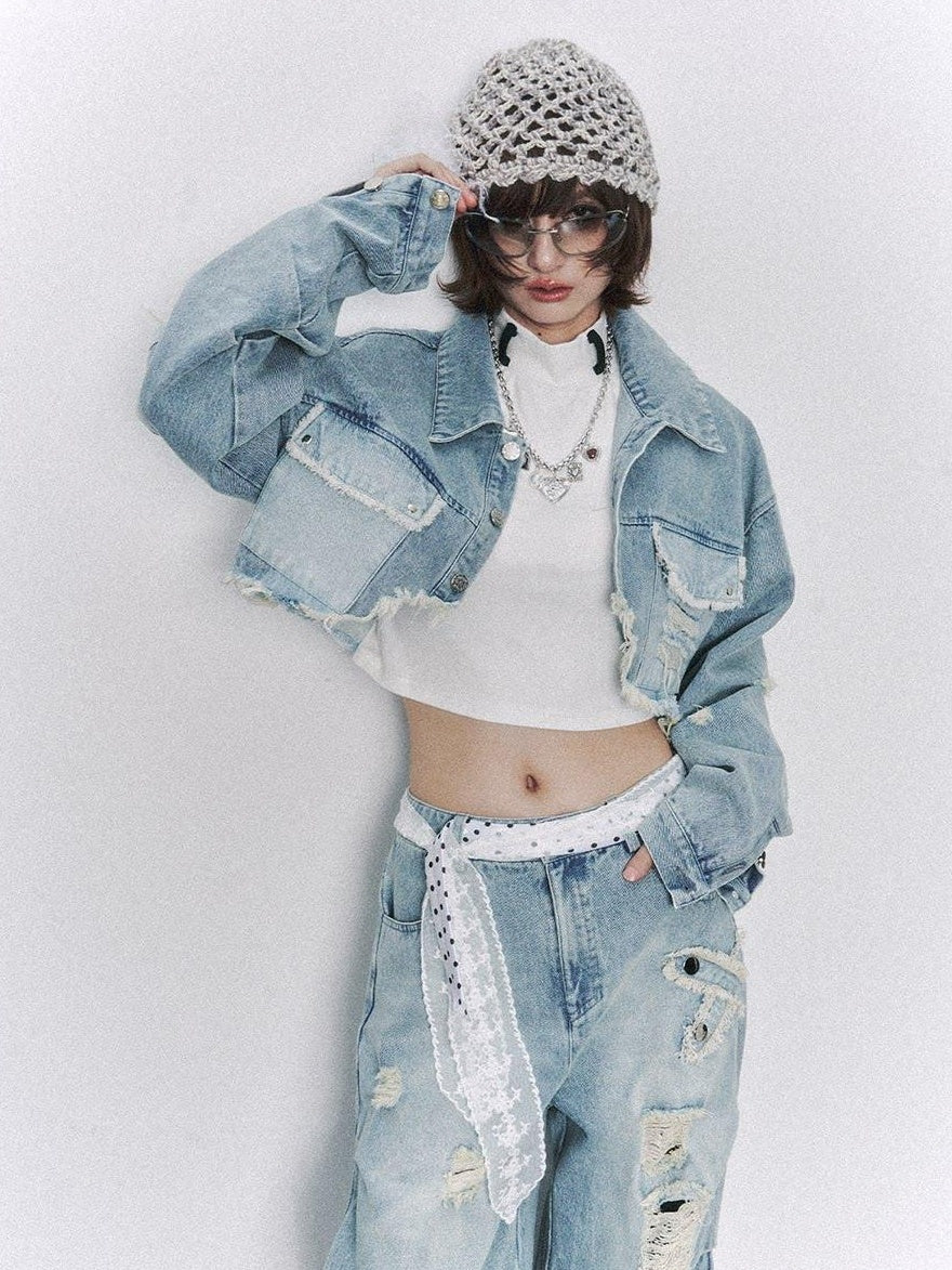 Frustration Garden Distressed Loose Cropped Streetwear Light Blue Women Button Pocket Denim Jackets