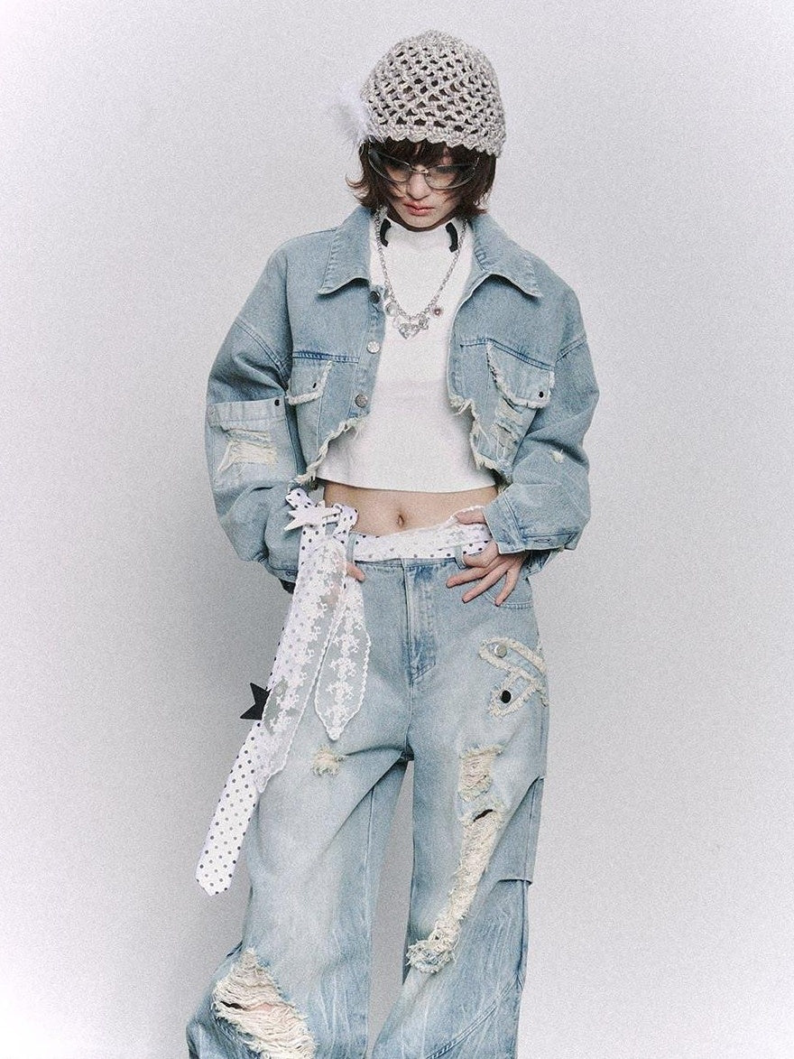 Frustration Garden Distressed Loose Cropped Streetwear Light Blue Women Button Pocket Denim Jackets