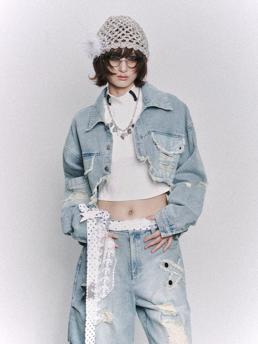 Frustration Garden Distressed Loose Cropped Streetwear Light Blue Women Button Pocket Denim Jackets