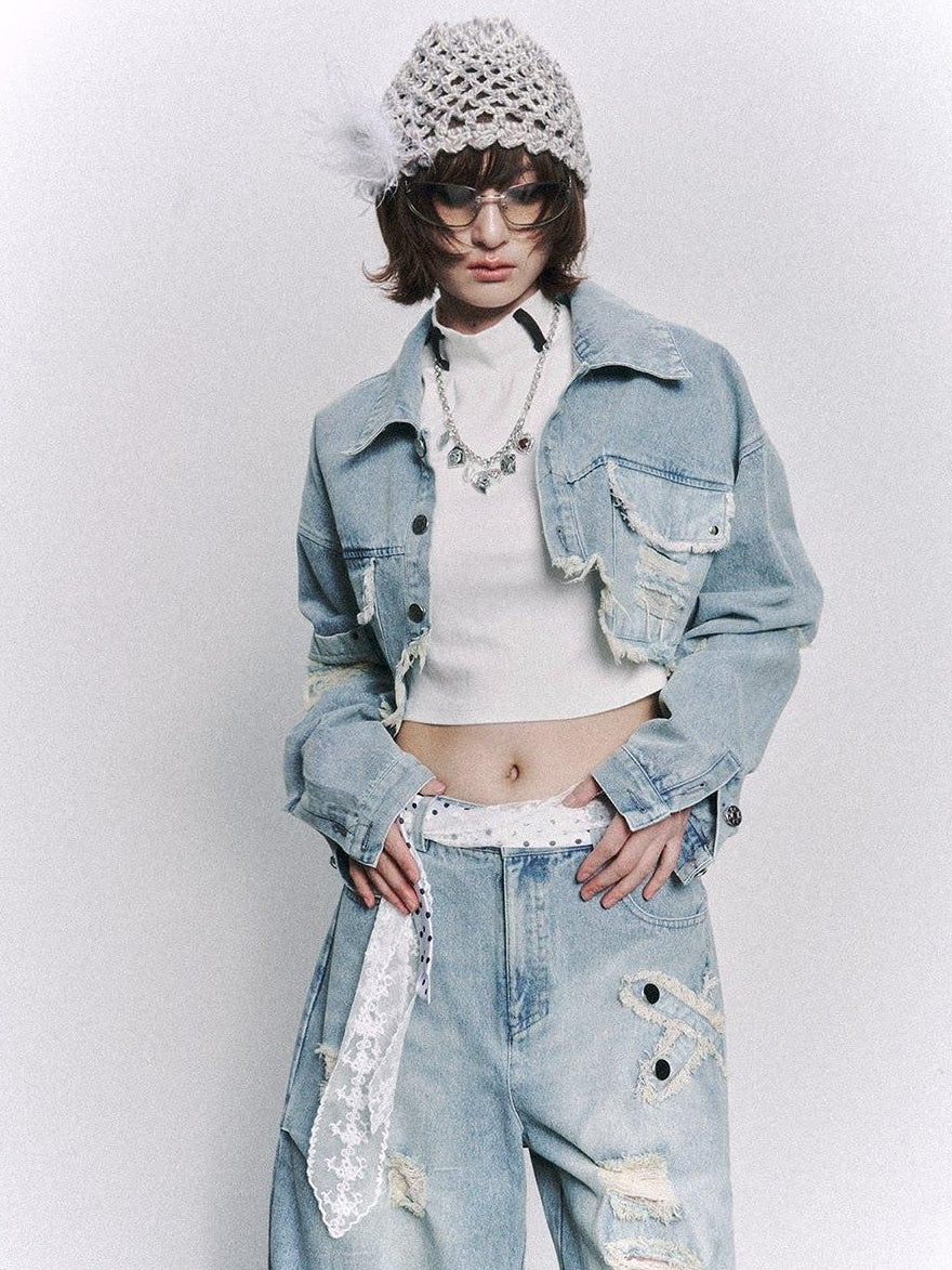 Frustration Garden Distressed Loose Cropped Streetwear Light Blue Women Button Pocket Denim Jackets