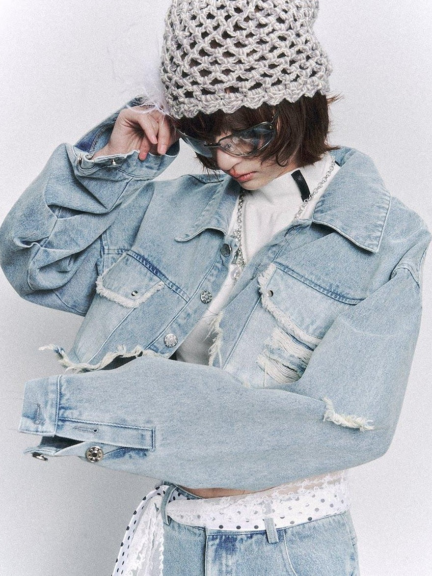 Frustration Garden Distressed Loose Cropped Streetwear Light Blue Women Button Pocket Denim Jackets