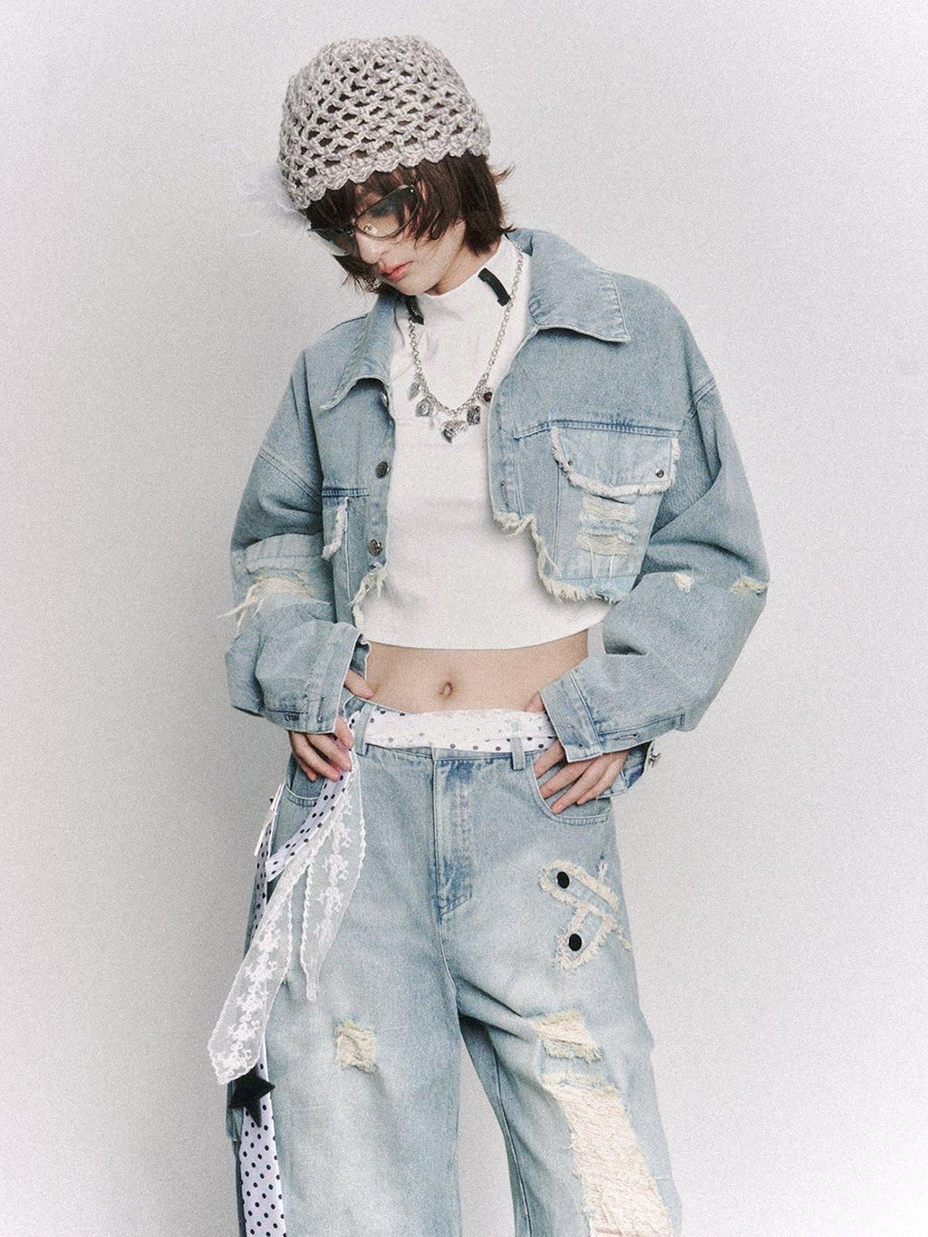 Frustration Garden Distressed Loose Cropped Streetwear Light Blue Women Button Pocket Denim Jackets