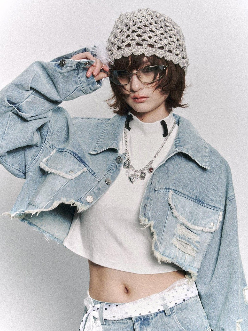 Frustration Garden Distressed Loose Cropped Streetwear Light Blue Women Button Pocket Denim Jackets