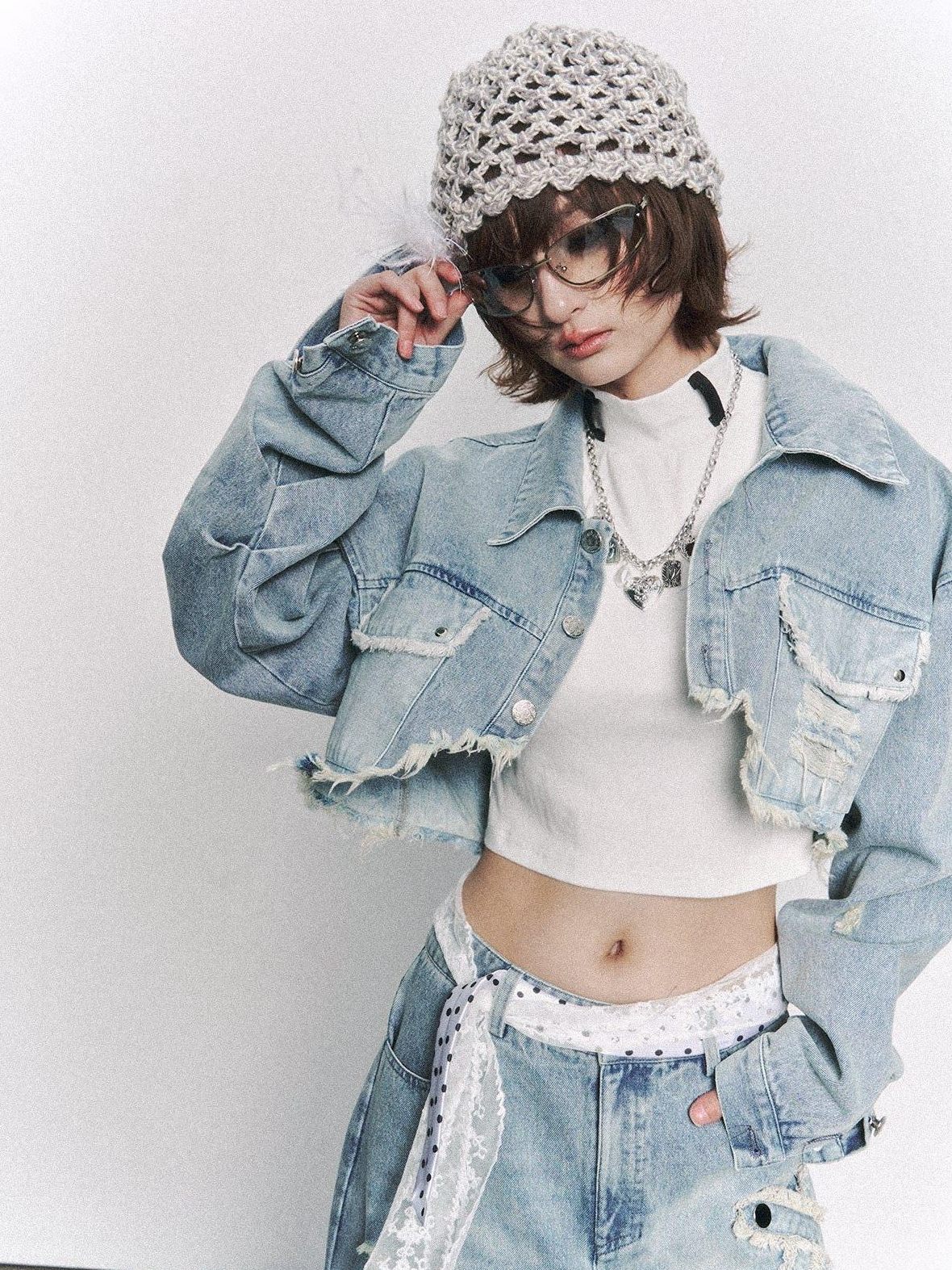 Frustration Garden Distressed Loose Cropped Streetwear Light Blue Women Button Pocket Denim Jackets