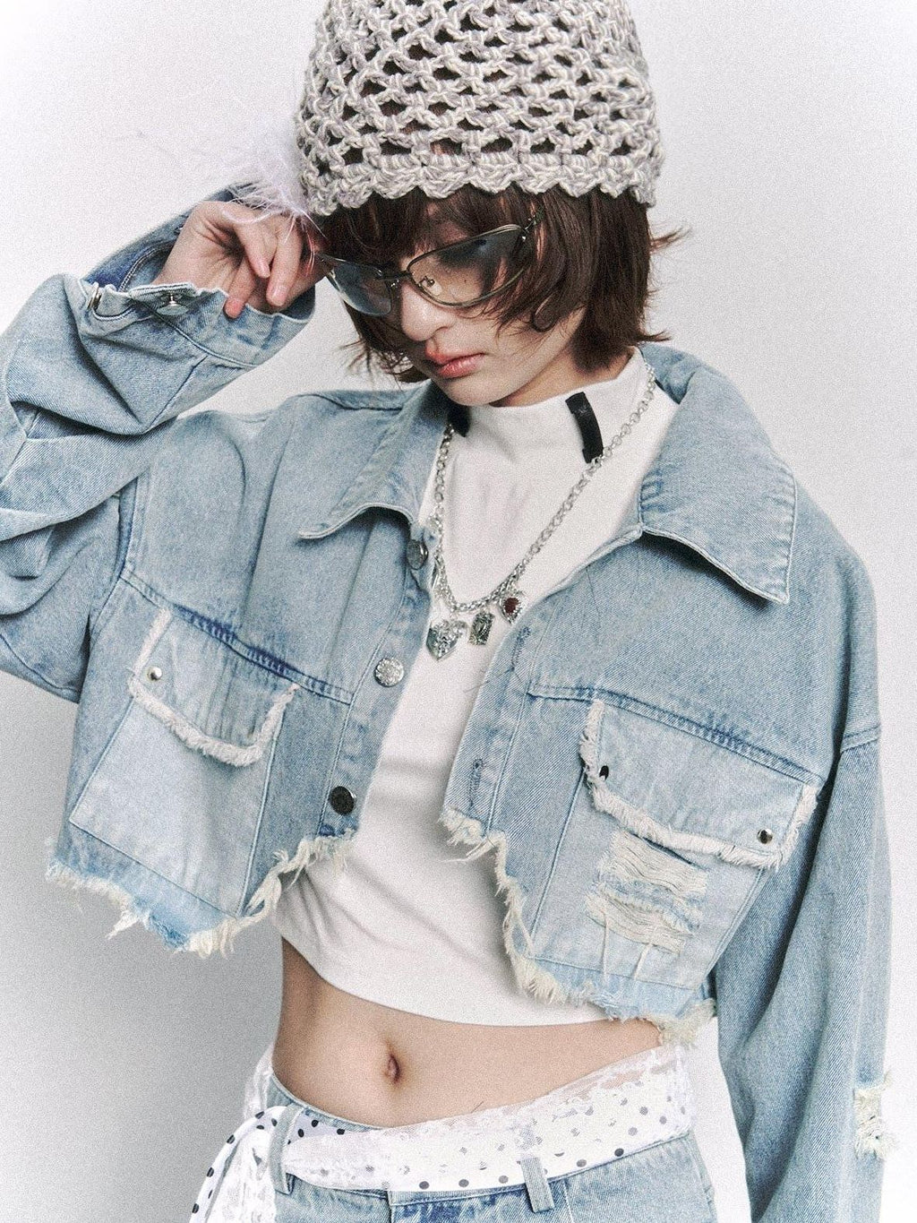 Frustration Garden Distressed Loose Cropped Streetwear Light Blue Women Button Pocket Denim Jackets