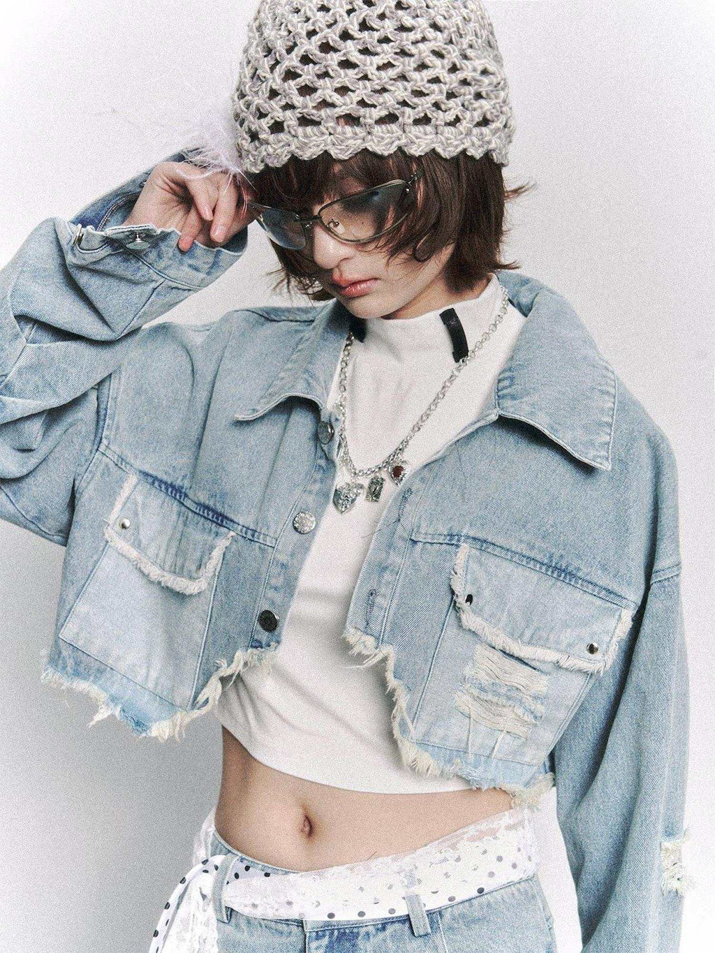 Frustration Garden Distressed Loose Cropped Streetwear Light Blue Women Button Pocket Denim Jackets
