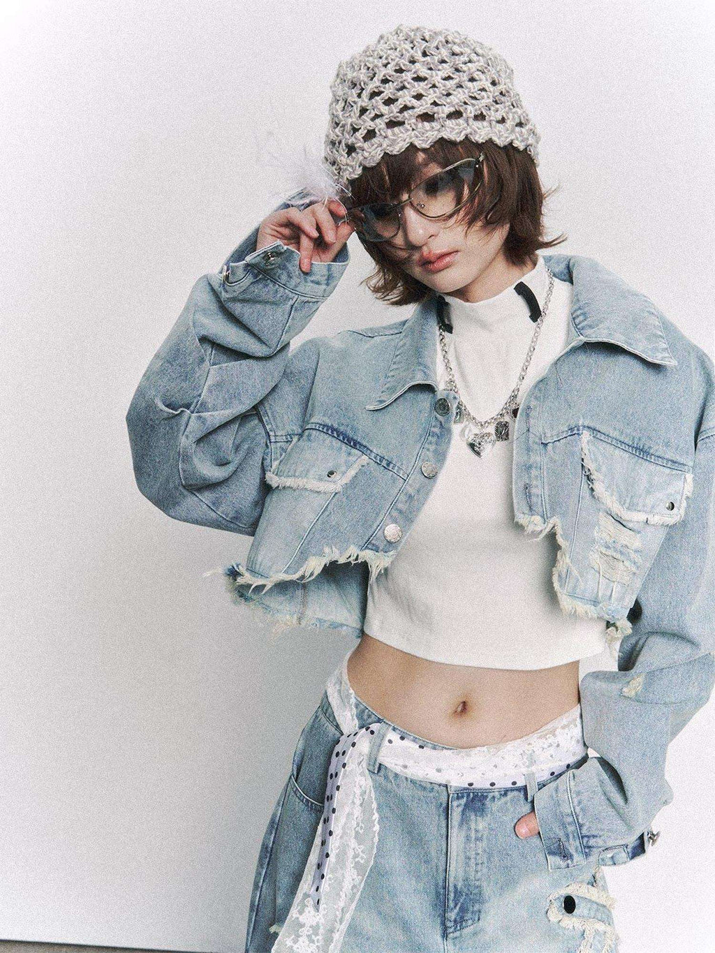 Frustration Garden Distressed Loose Cropped Streetwear Light Blue Women Button Pocket Denim Jackets