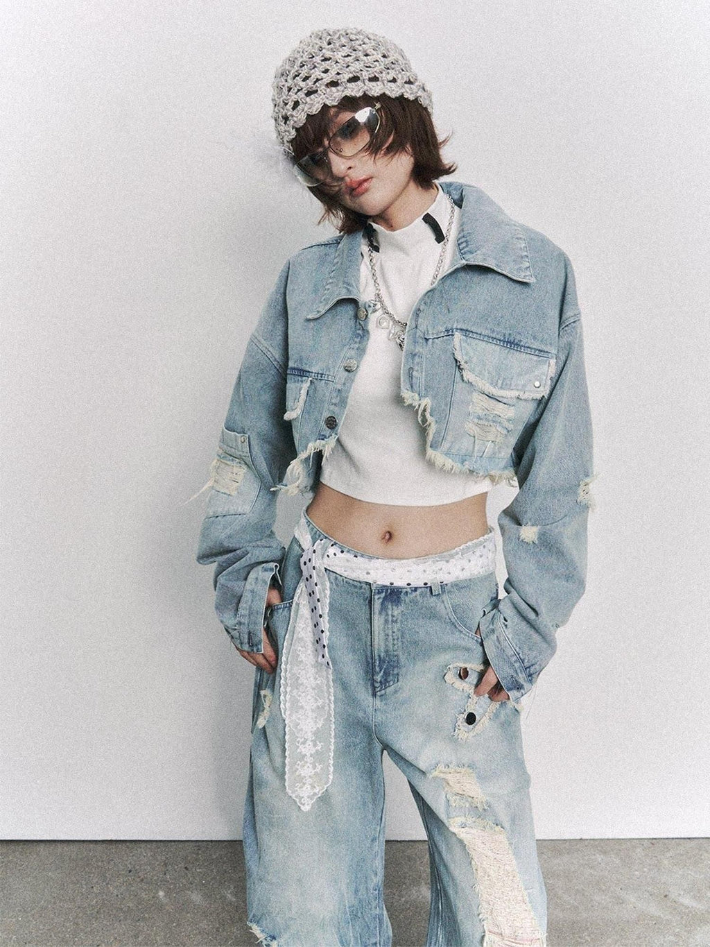 Frustration Garden Distressed Loose Cropped Streetwear Light Blue Women Button Pocket Denim Jackets