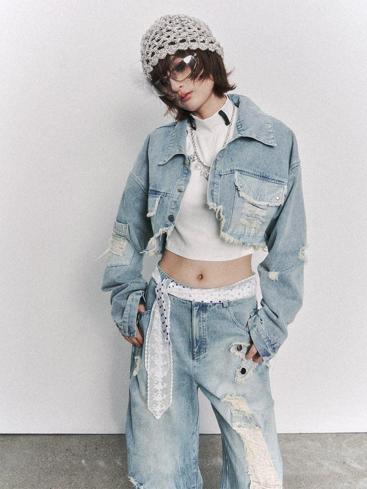 Frustration Garden Distressed Loose Cropped Streetwear Light Blue Women Button Pocket Denim Jackets
