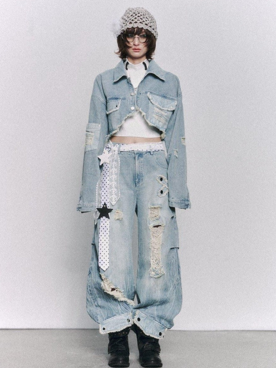 Frustration Garden Distressed Loose Cropped Streetwear Light Blue Women Button Pocket Denim Jackets
