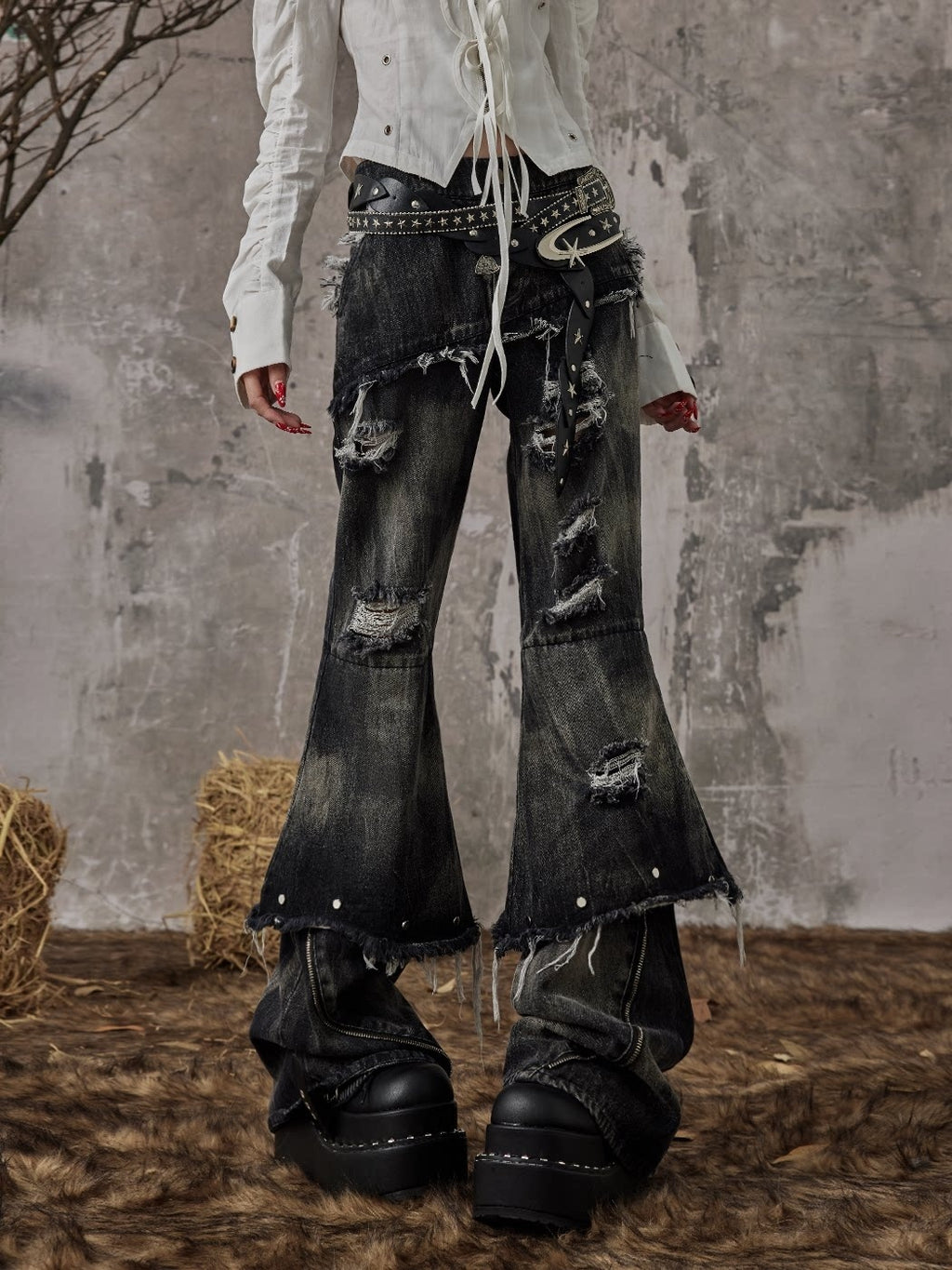 Frustration_Garden_Distressed_Low_Waist_Slim_Casual_Washed_Denim_Black_Gray_Young_Adult_Flare_Jeans_MISSTT
