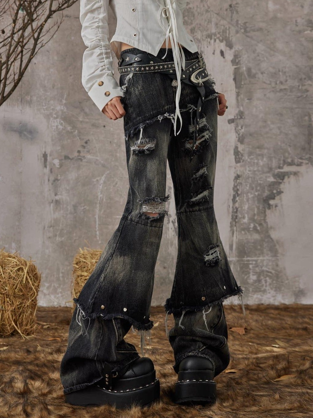 Frustration Garden Distressed Low Waist Slim Casual Washed Denim Black Gray Young Adult Flare Jeans