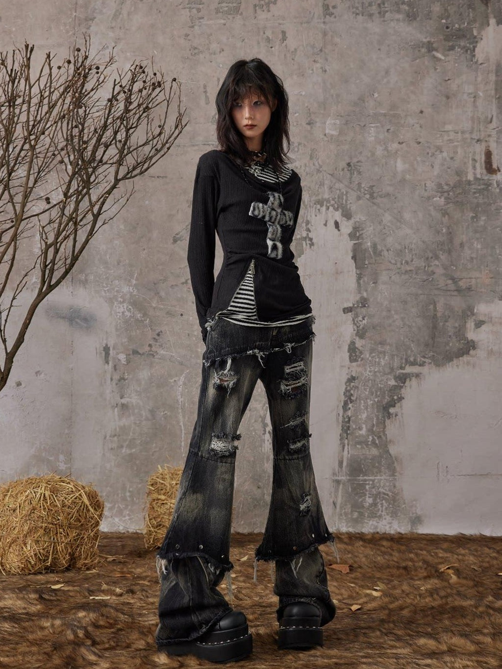 Frustration Garden Distressed Low Waist Slim Casual Washed Denim Black Gray Young Adult Flare Jeans