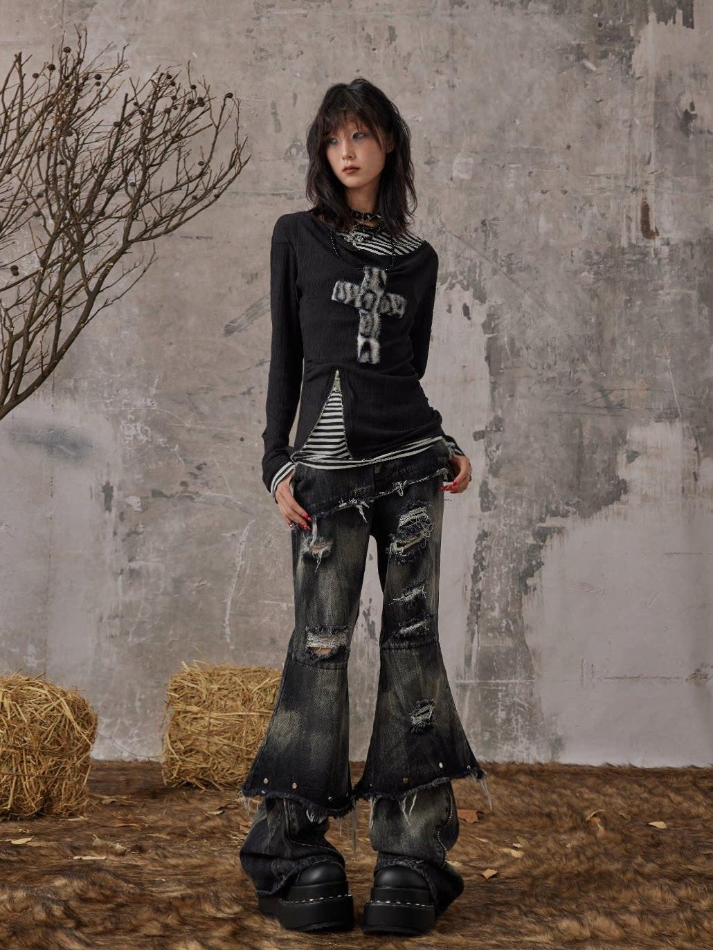 Frustration Garden Distressed Low Waist Slim Casual Washed Denim Black Gray Young Adult Flare Jeans