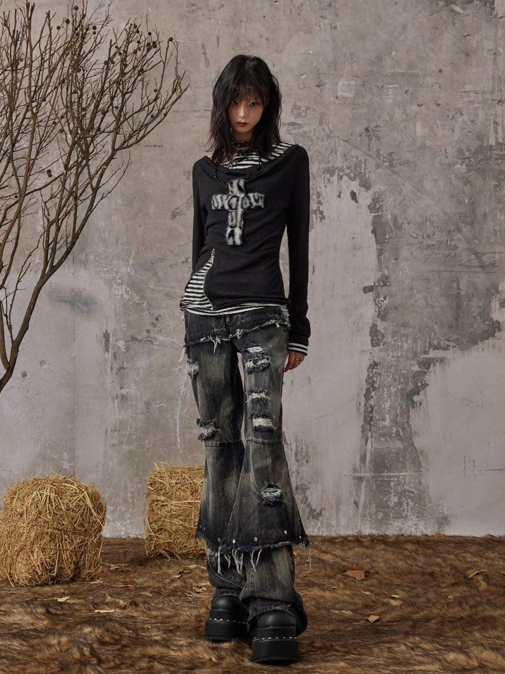 Frustration Garden Distressed Low Waist Slim Casual Washed Denim Black Gray Young Adult Flare Jeans