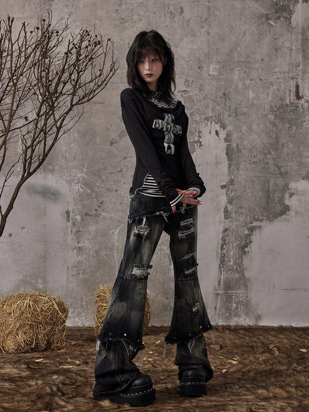 Frustration Garden Distressed Low Waist Slim Casual Washed Denim Black Gray Young Adult Flare Jeans
