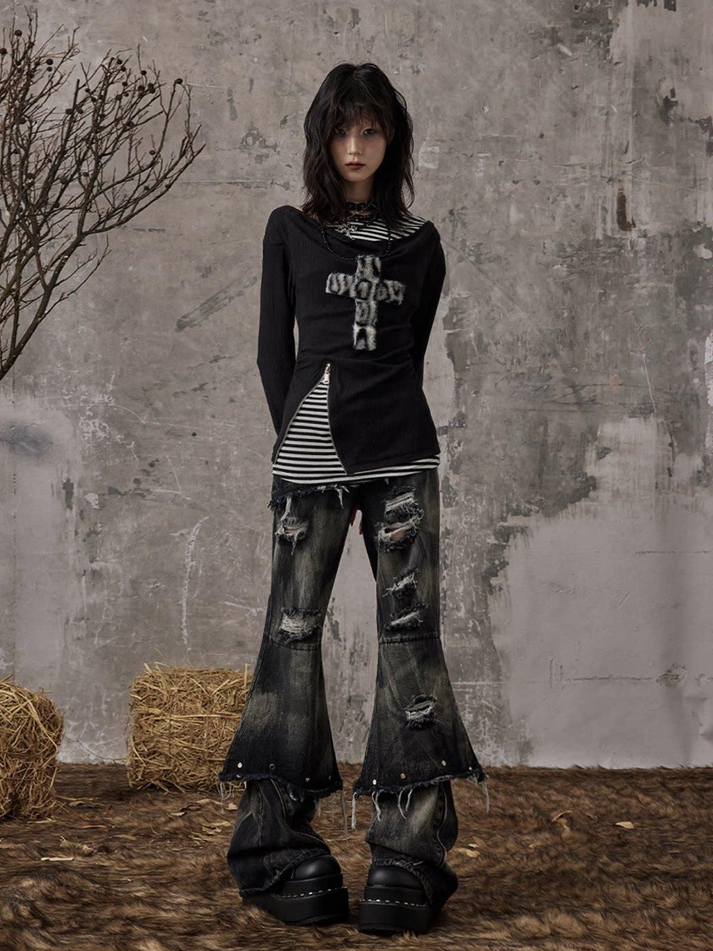 Frustration Garden Distressed Low Waist Slim Casual Washed Denim Black Gray Young Adult Flare Jeans