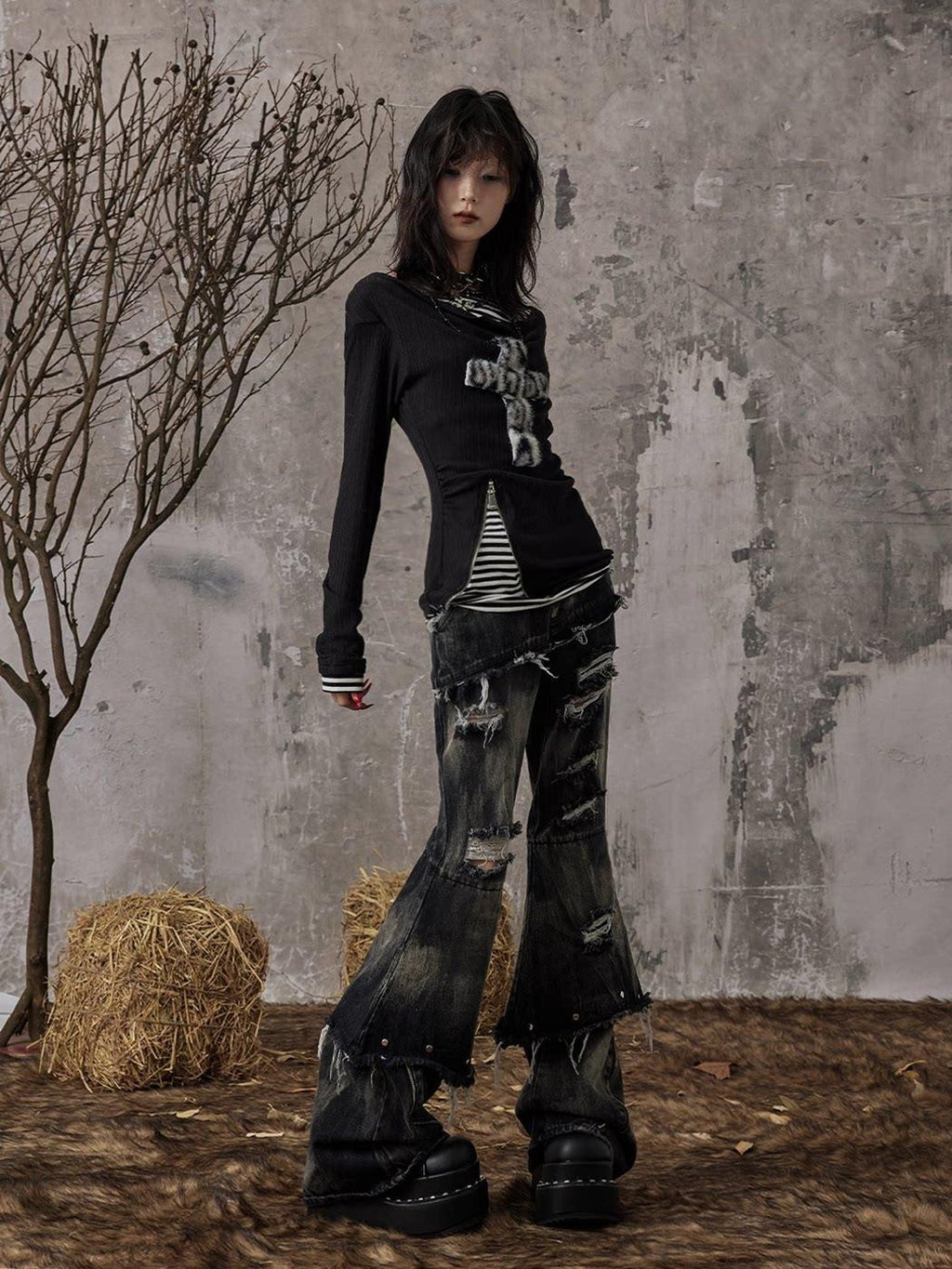 Frustration Garden Distressed Low Waist Slim Casual Washed Denim Black Gray Young Adult Flare Jeans