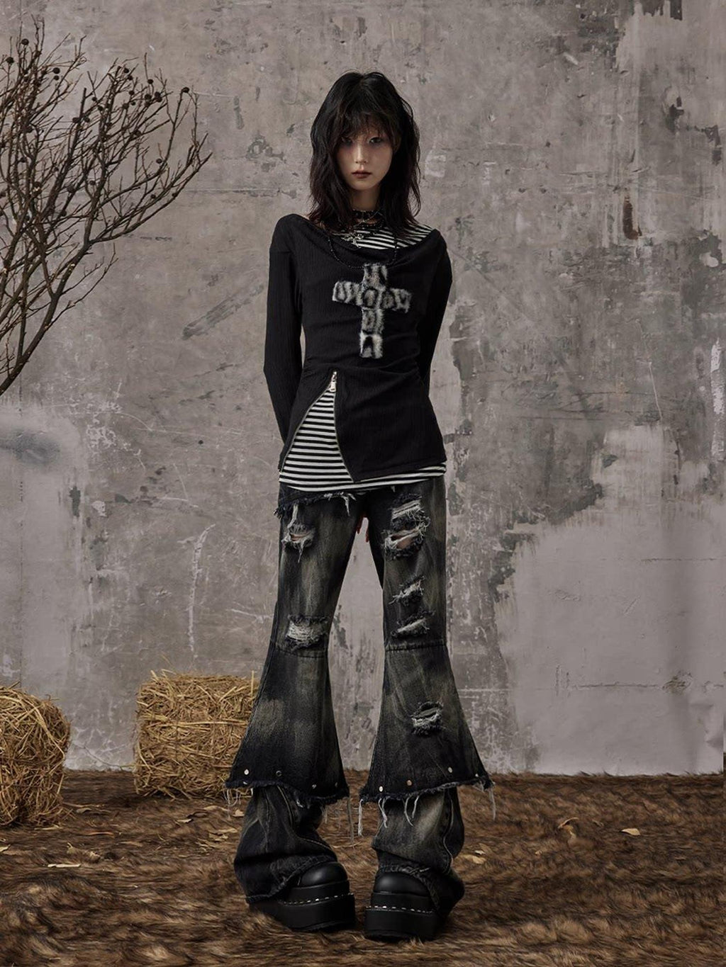 Frustration Garden Distressed Low Waist Slim Casual Washed Denim Black Gray Young Adult Flare Jeans