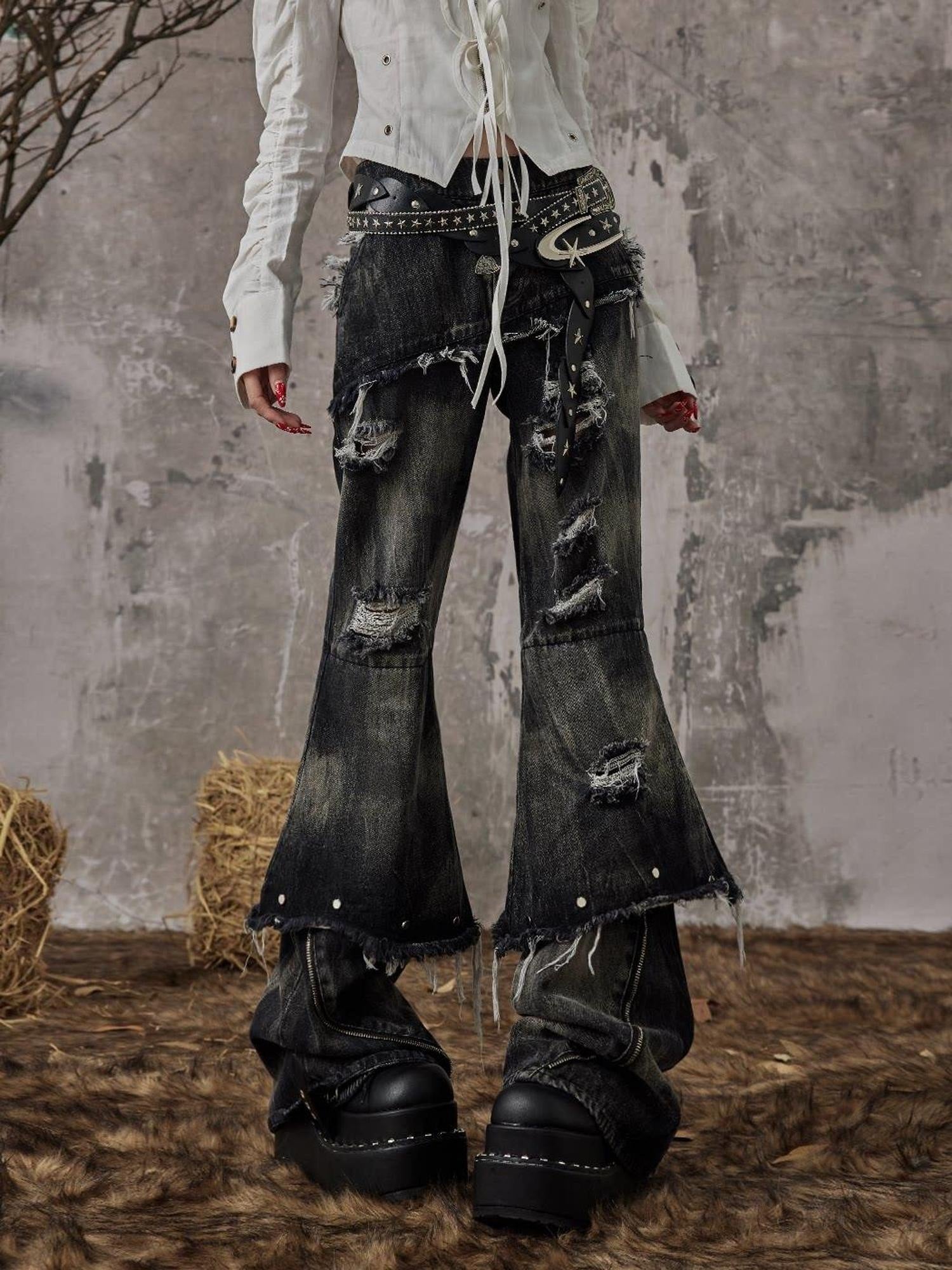 Frustration Garden Distressed Low Waist Slim Casual Washed Denim Black Gray Young Adult Flare Jeans