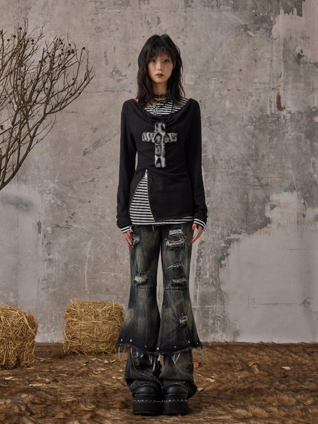 Frustration Garden Distressed Low Waist Slim Casual Washed Denim Black Gray Young Adult Flare Jeans