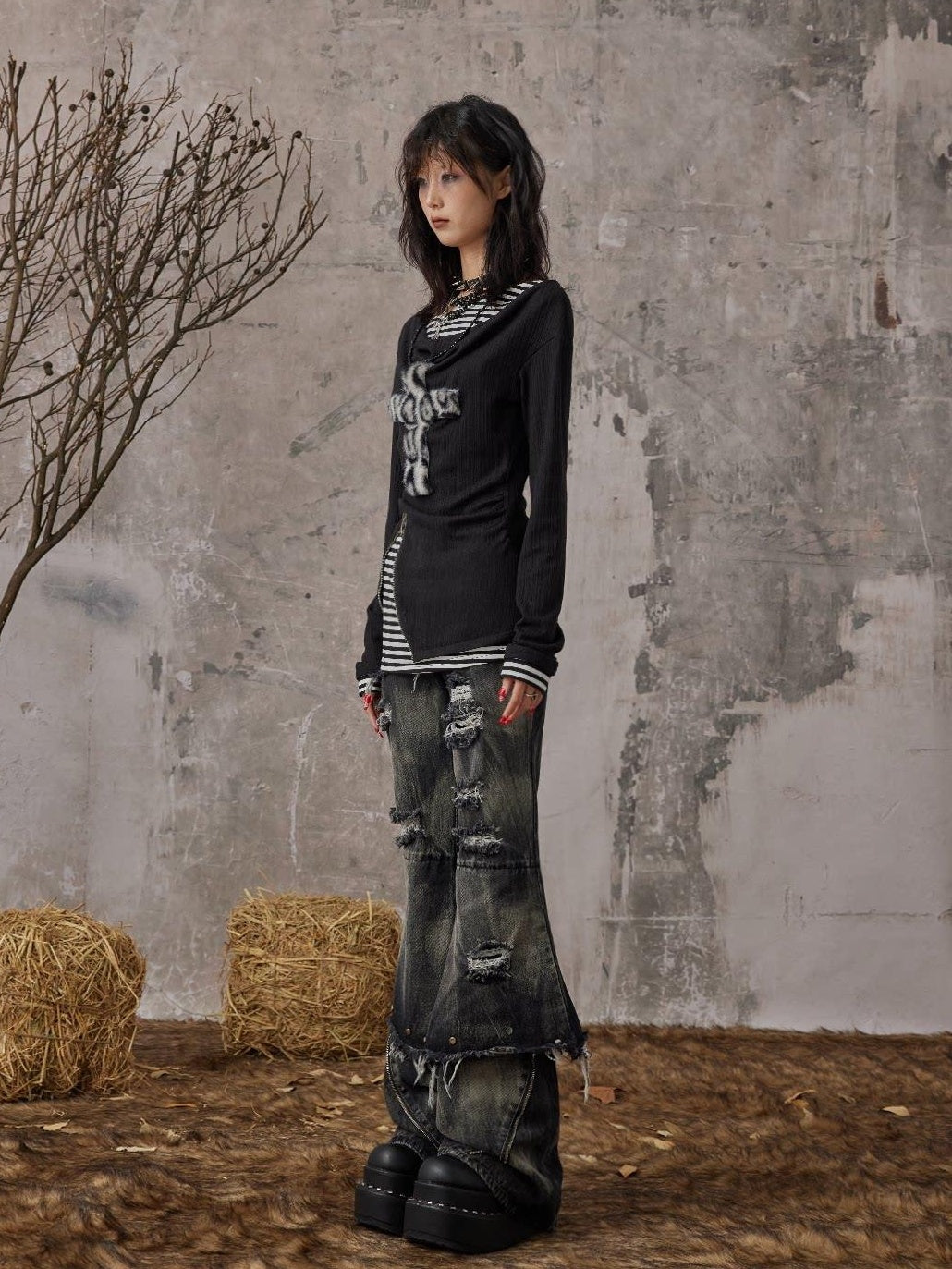 Frustration Garden Distressed Low Waist Slim Casual Washed Denim Black Gray Young Adult Flare Jeans