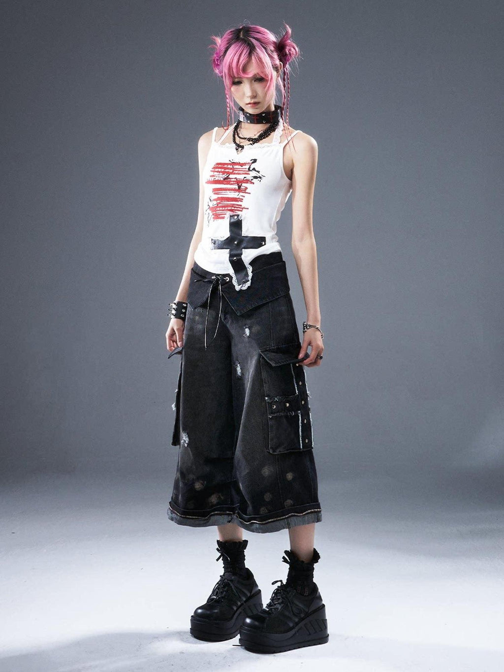 Frustration Garden Distressed Natural Waist Loose Casual Dark Wash Denim Wide-Leg Jeans