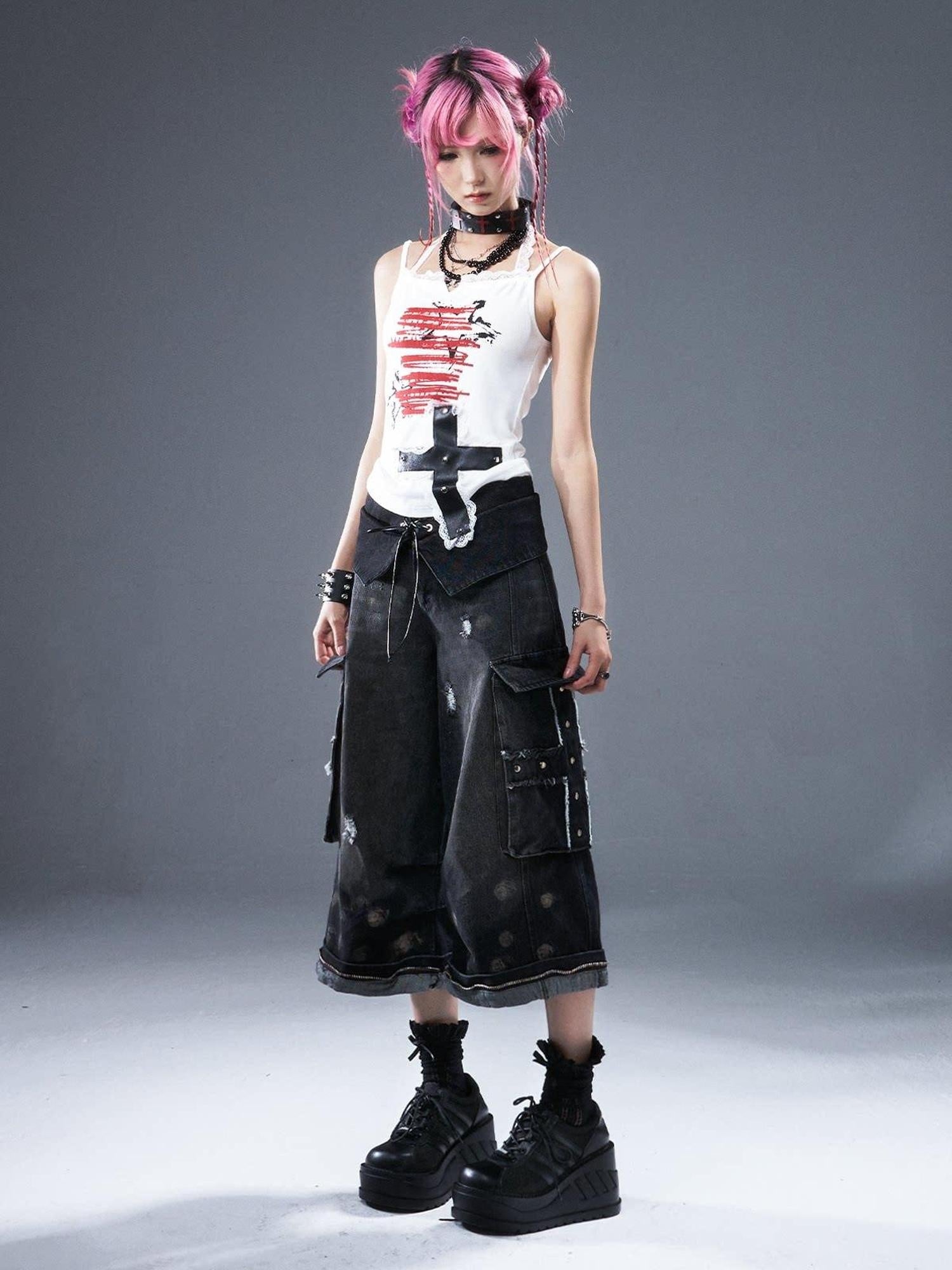 Frustration Garden Distressed Natural Waist Loose Casual Dark Wash Denim Wide-Leg Jeans